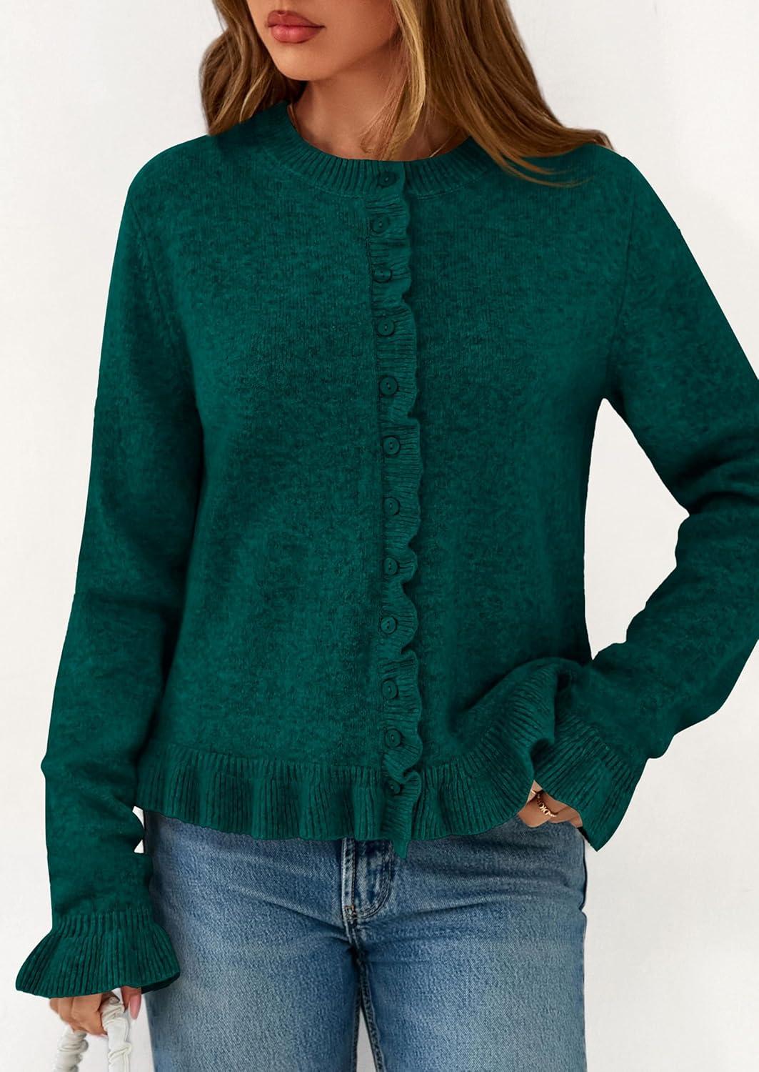 imagePRETTYGARDEN Womens Fall Button Down Cardigans Chunky Knit Ruffle Open Front Cropped Cardigan Sweaters Soft Long Sleeve TopsDark Green