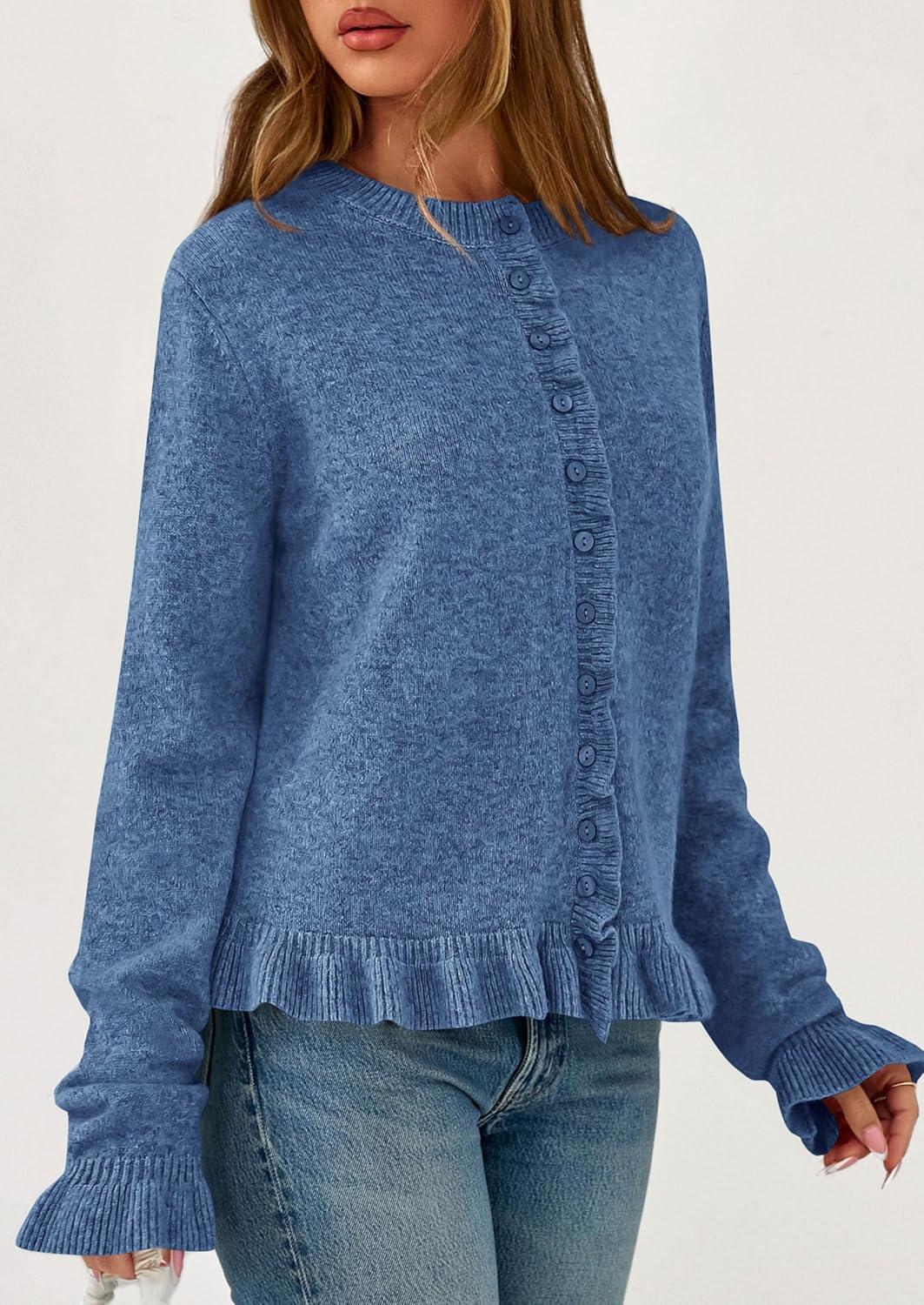 imagePRETTYGARDEN Womens Fall Button Down Cardigans Chunky Knit Ruffle Open Front Cropped Cardigan Sweaters Soft Long Sleeve TopsGrey Blue