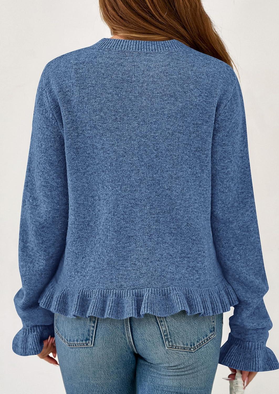 imagePRETTYGARDEN Womens Fall Button Down Cardigans Chunky Knit Ruffle Open Front Cropped Cardigan Sweaters Soft Long Sleeve TopsGrey Blue