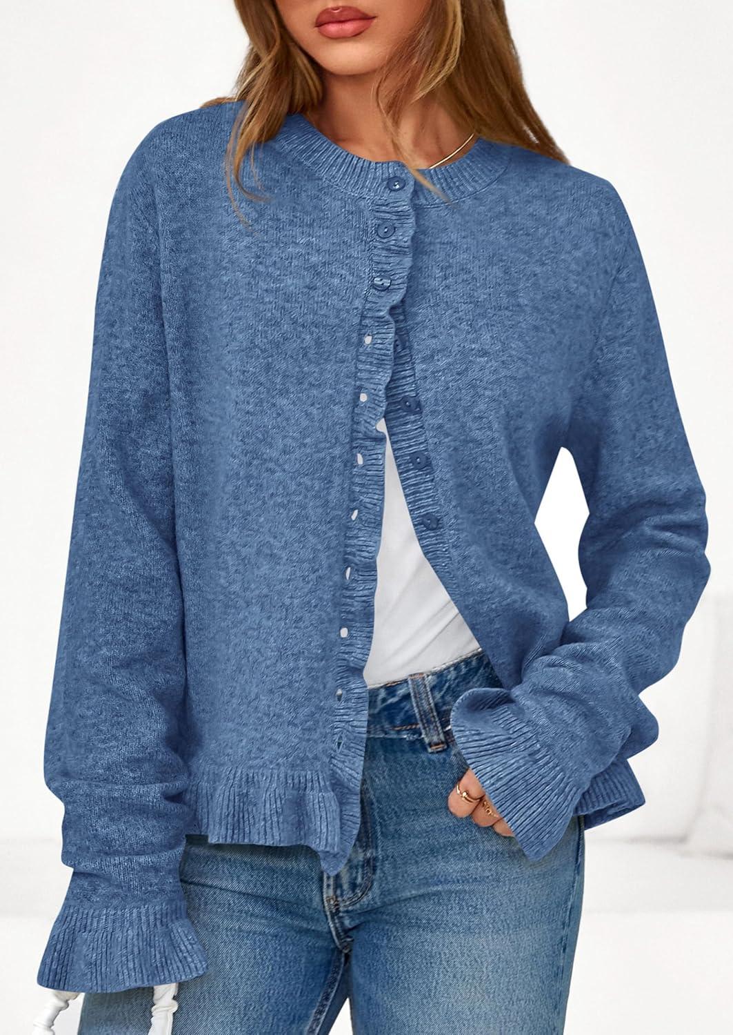imagePRETTYGARDEN Womens Fall Button Down Cardigans Chunky Knit Ruffle Open Front Cropped Cardigan Sweaters Soft Long Sleeve TopsGrey Blue