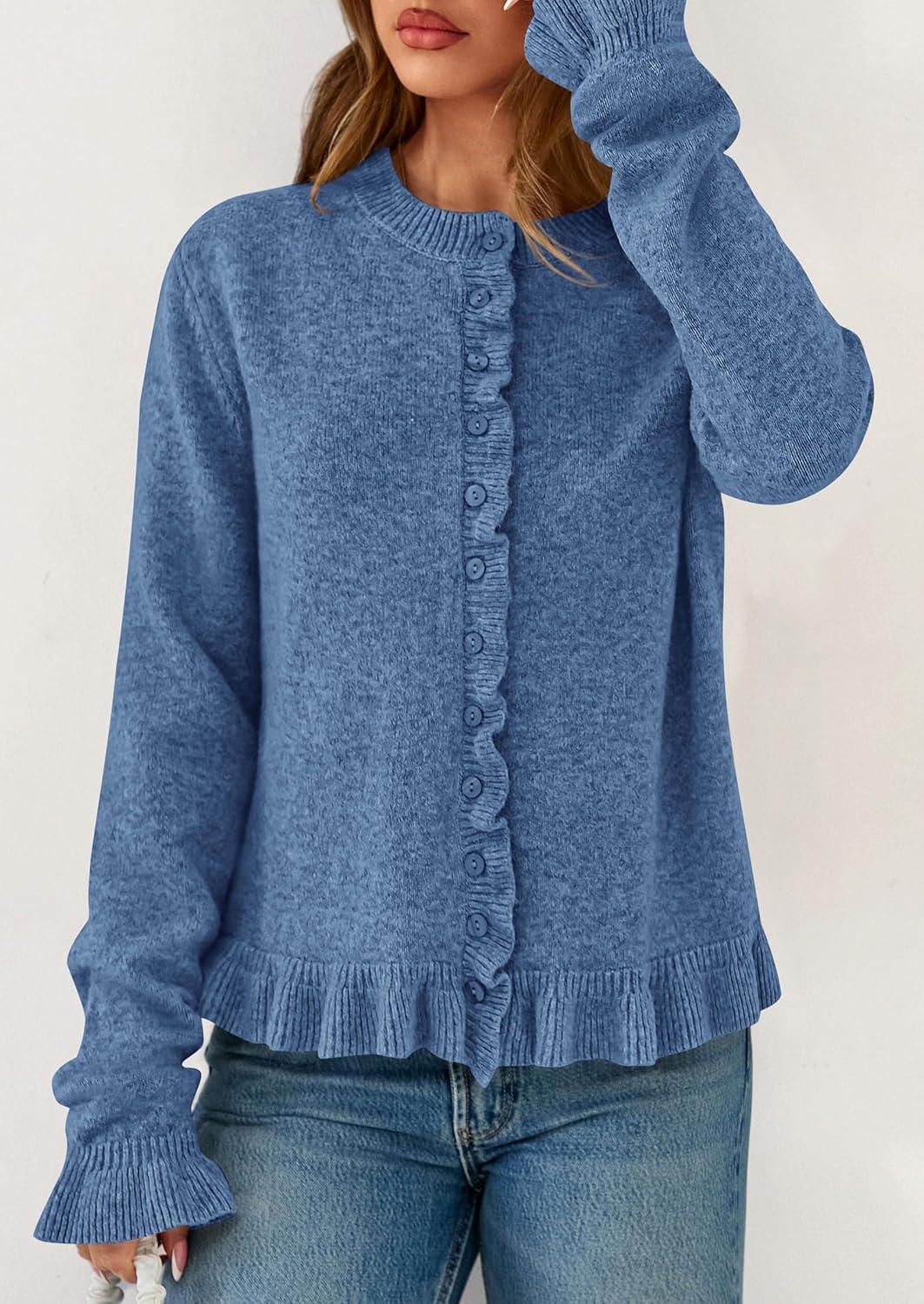 imagePRETTYGARDEN Womens Fall Button Down Cardigans Chunky Knit Ruffle Open Front Cropped Cardigan Sweaters Soft Long Sleeve TopsGrey Blue