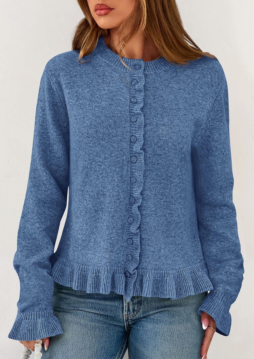 imagePRETTYGARDEN Womens Fall Button Down Cardigans Chunky Knit Ruffle Open Front Cropped Cardigan Sweaters Soft Long Sleeve TopsGrey Blue