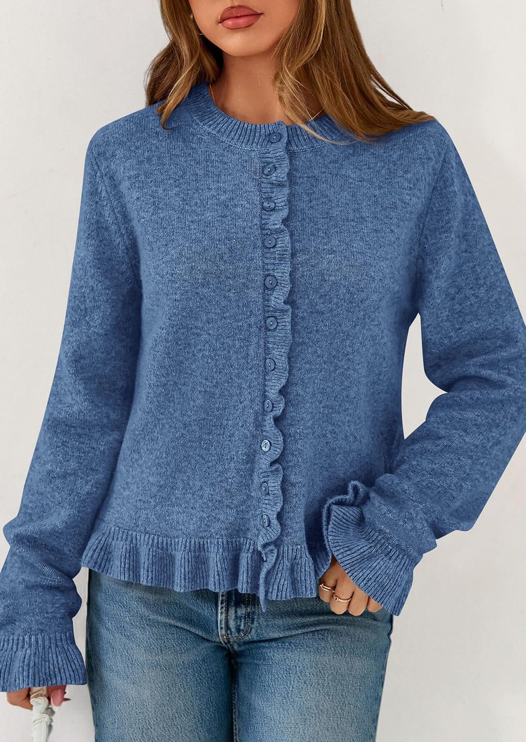 imagePRETTYGARDEN Womens Fall Button Down Cardigans Chunky Knit Ruffle Open Front Cropped Cardigan Sweaters Soft Long Sleeve TopsGrey Blue