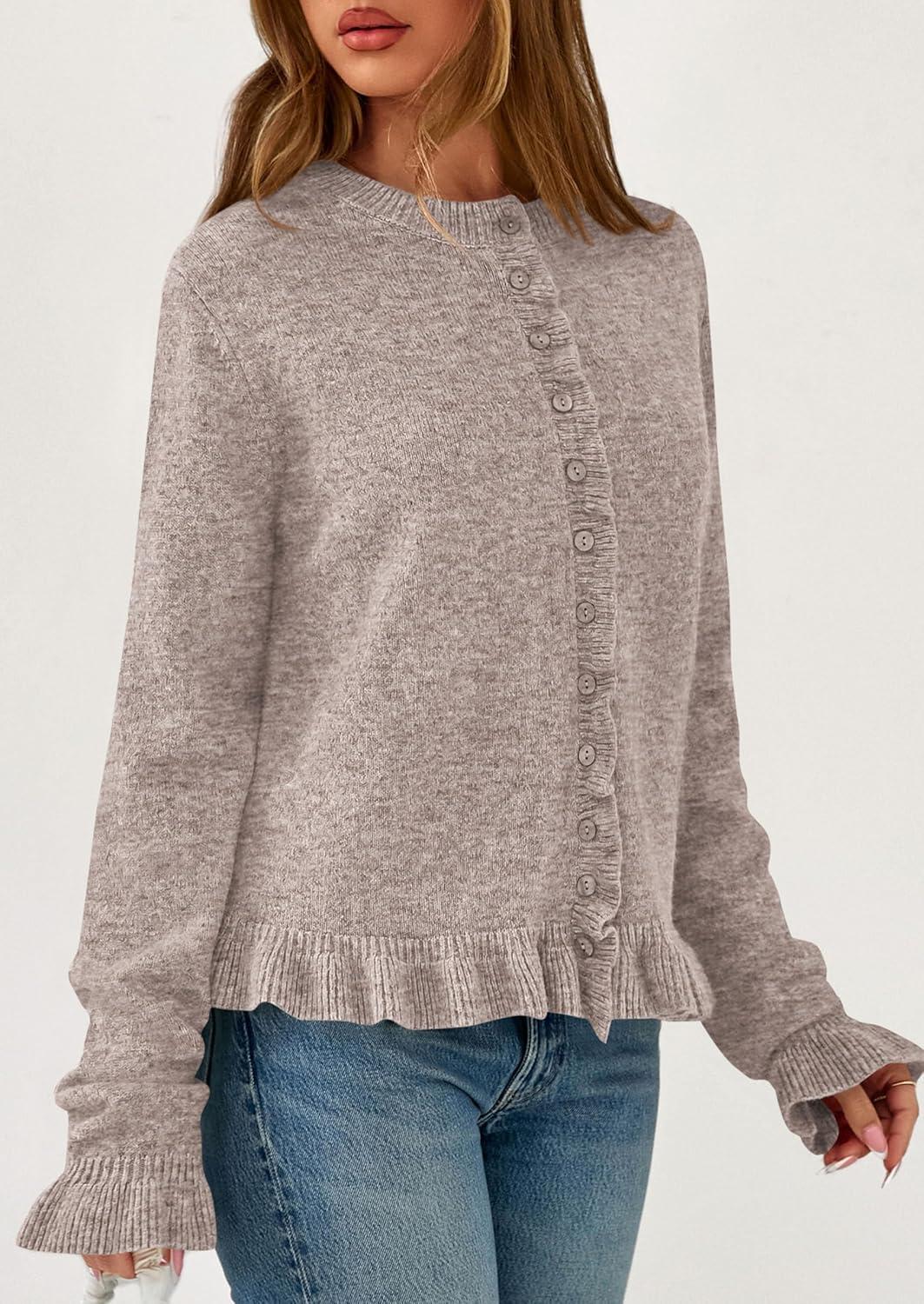 imagePRETTYGARDEN Womens Fall Button Down Cardigans Chunky Knit Ruffle Open Front Cropped Cardigan Sweaters Soft Long Sleeve TopsOatmeal