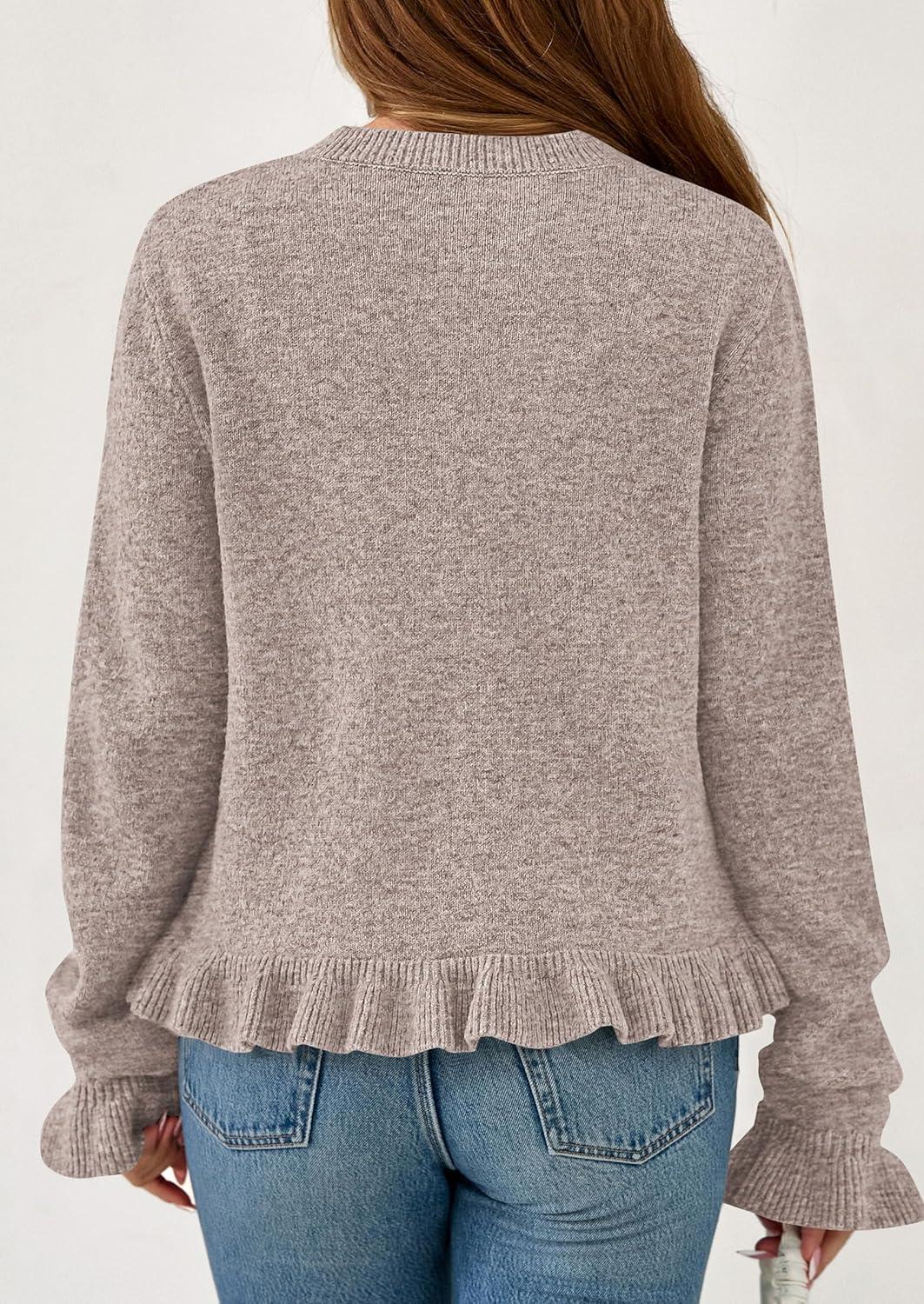 imagePRETTYGARDEN Womens Fall Button Down Cardigans Chunky Knit Ruffle Open Front Cropped Cardigan Sweaters Soft Long Sleeve TopsOatmeal