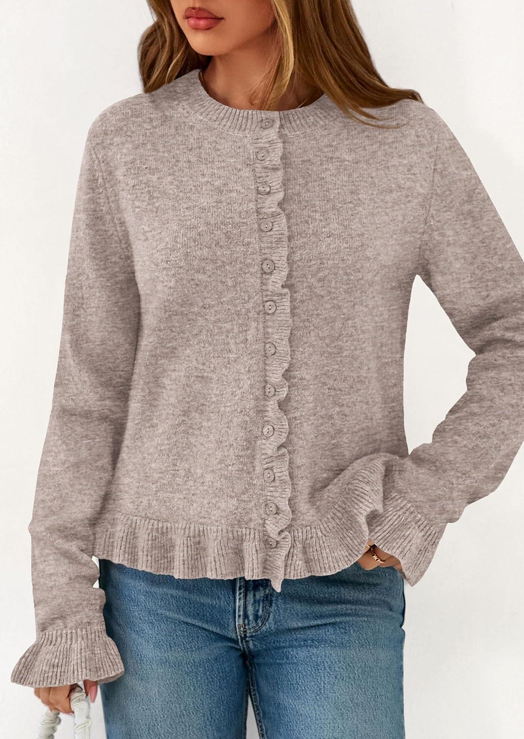 imagePRETTYGARDEN Womens Fall Button Down Cardigans Chunky Knit Ruffle Open Front Cropped Cardigan Sweaters Soft Long Sleeve TopsOatmeal