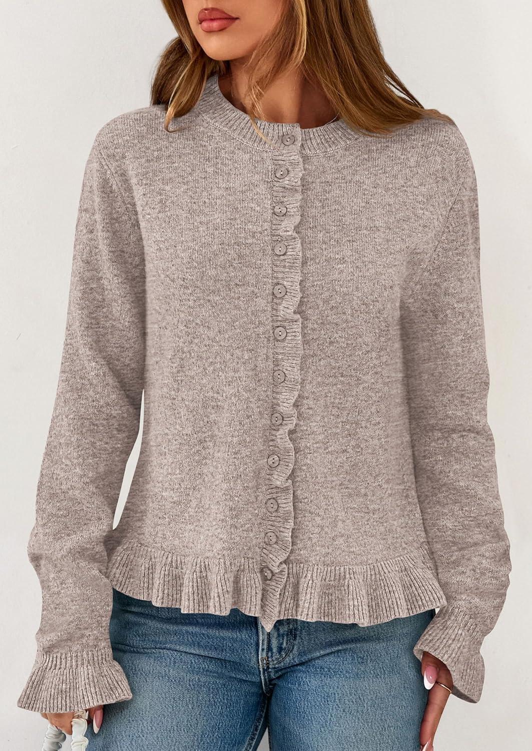 imagePRETTYGARDEN Womens Fall Button Down Cardigans Chunky Knit Ruffle Open Front Cropped Cardigan Sweaters Soft Long Sleeve TopsOatmeal