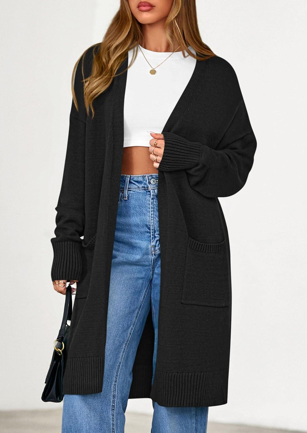 imagePRETTYGARDEN Womens Long Oversized Cardigans 2025 Fall Trendy Long Sleeve Open Front Chunky Sweater Knit Winter ClothingBlack