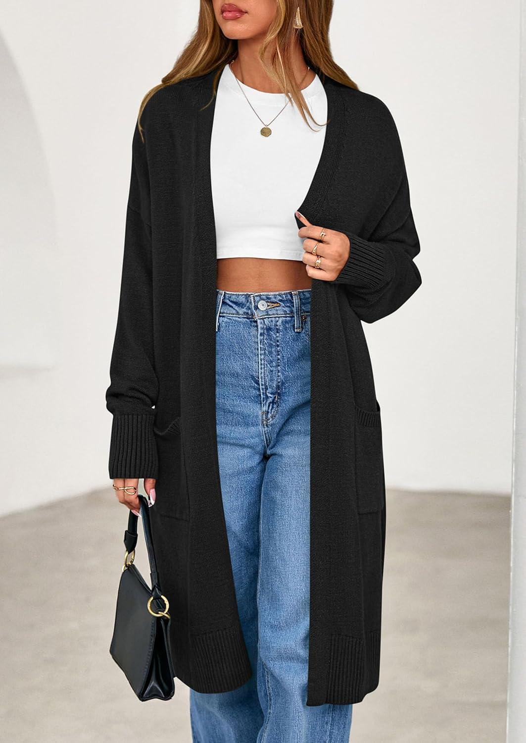 imagePRETTYGARDEN Womens Long Oversized Cardigans 2025 Fall Trendy Long Sleeve Open Front Chunky Sweater Knit Winter ClothingBlack