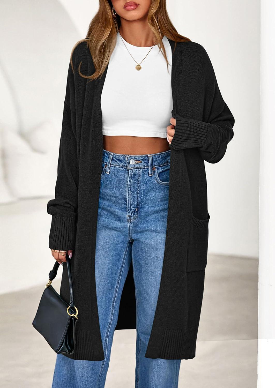 imagePRETTYGARDEN Womens Long Oversized Cardigans 2025 Fall Trendy Long Sleeve Open Front Chunky Sweater Knit Winter ClothingBlack