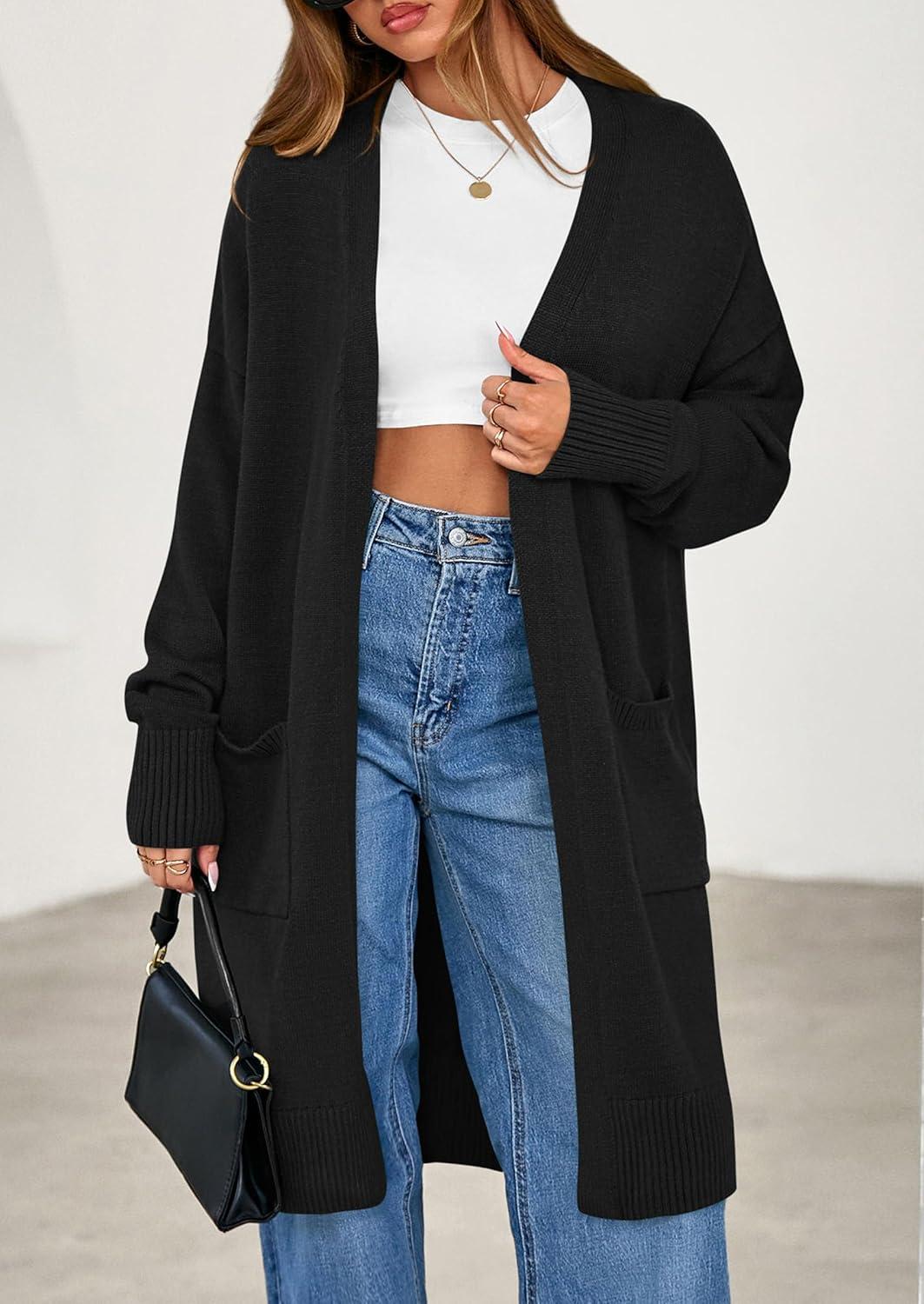 imagePRETTYGARDEN Womens Long Oversized Cardigans 2025 Fall Trendy Long Sleeve Open Front Chunky Sweater Knit Winter ClothingBlack