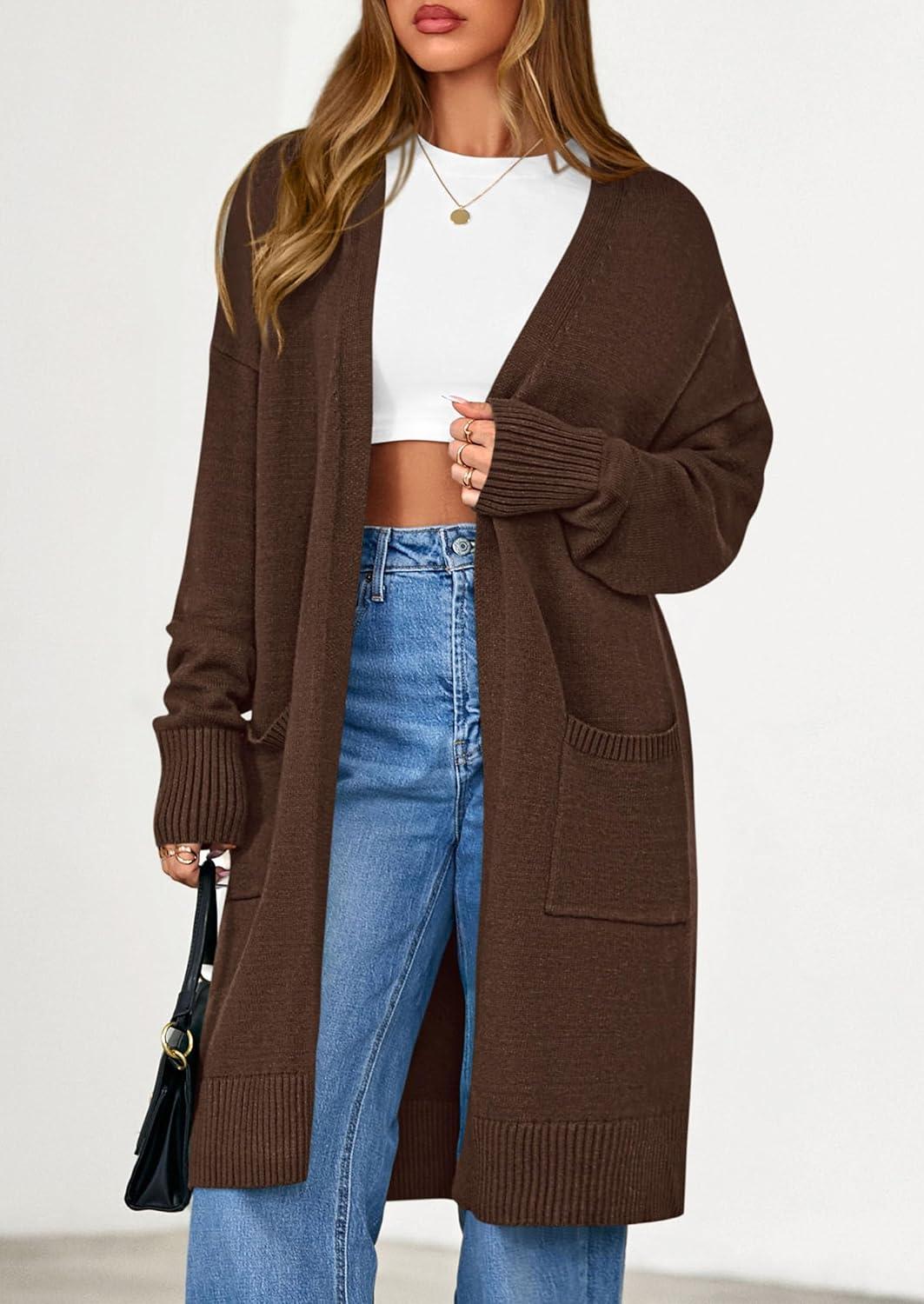 imagePRETTYGARDEN Womens Long Oversized Cardigans 2025 Fall Trendy Long Sleeve Open Front Chunky Sweater Knit Winter ClothingBrown