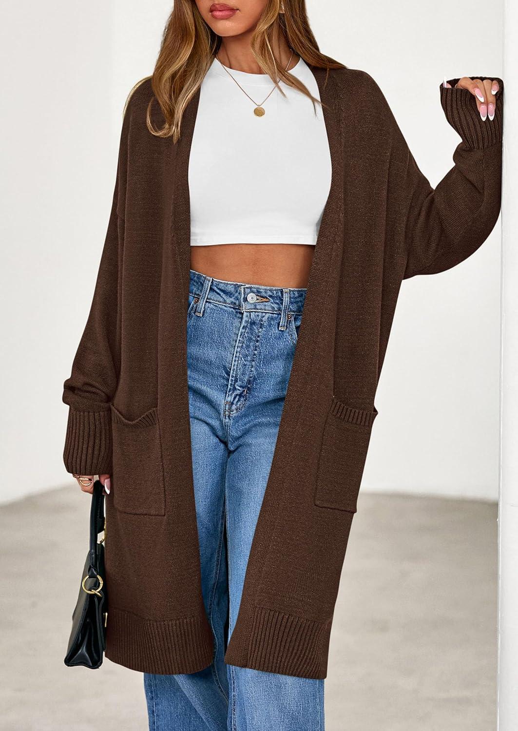 imagePRETTYGARDEN Womens Long Oversized Cardigans 2025 Fall Trendy Long Sleeve Open Front Chunky Sweater Knit Winter ClothingBrown