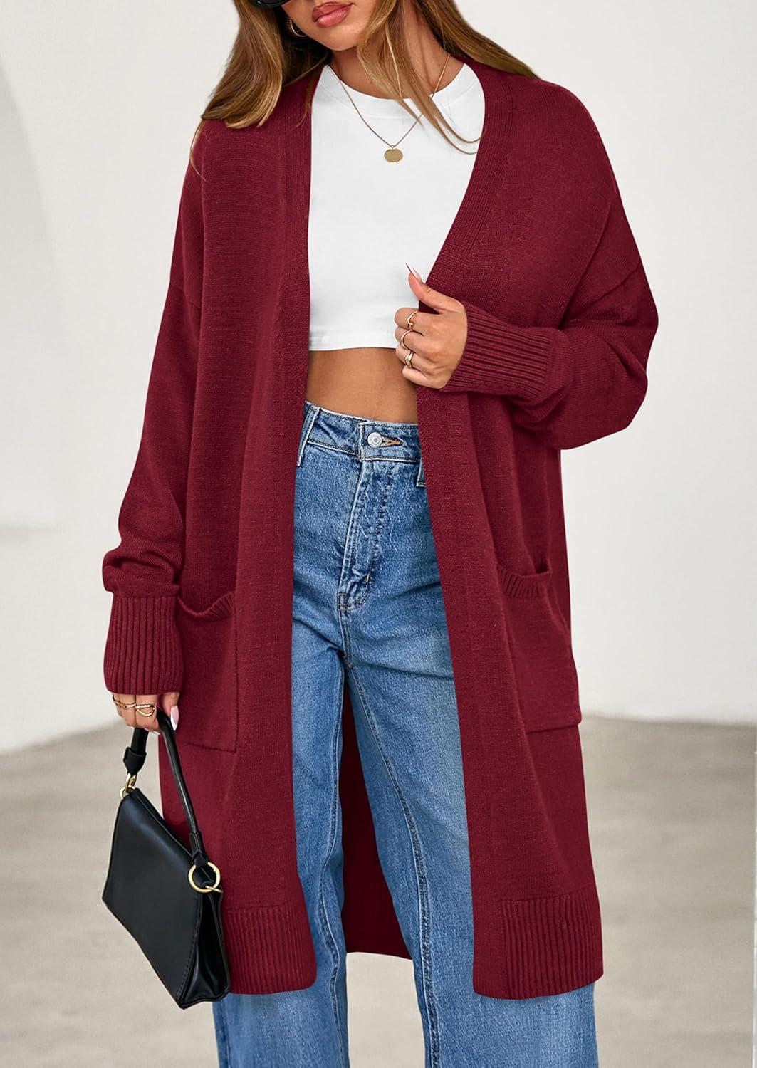 imagePRETTYGARDEN Womens Long Oversized Cardigans 2025 Fall Trendy Long Sleeve Open Front Chunky Sweater Knit Winter ClothingBurgundy