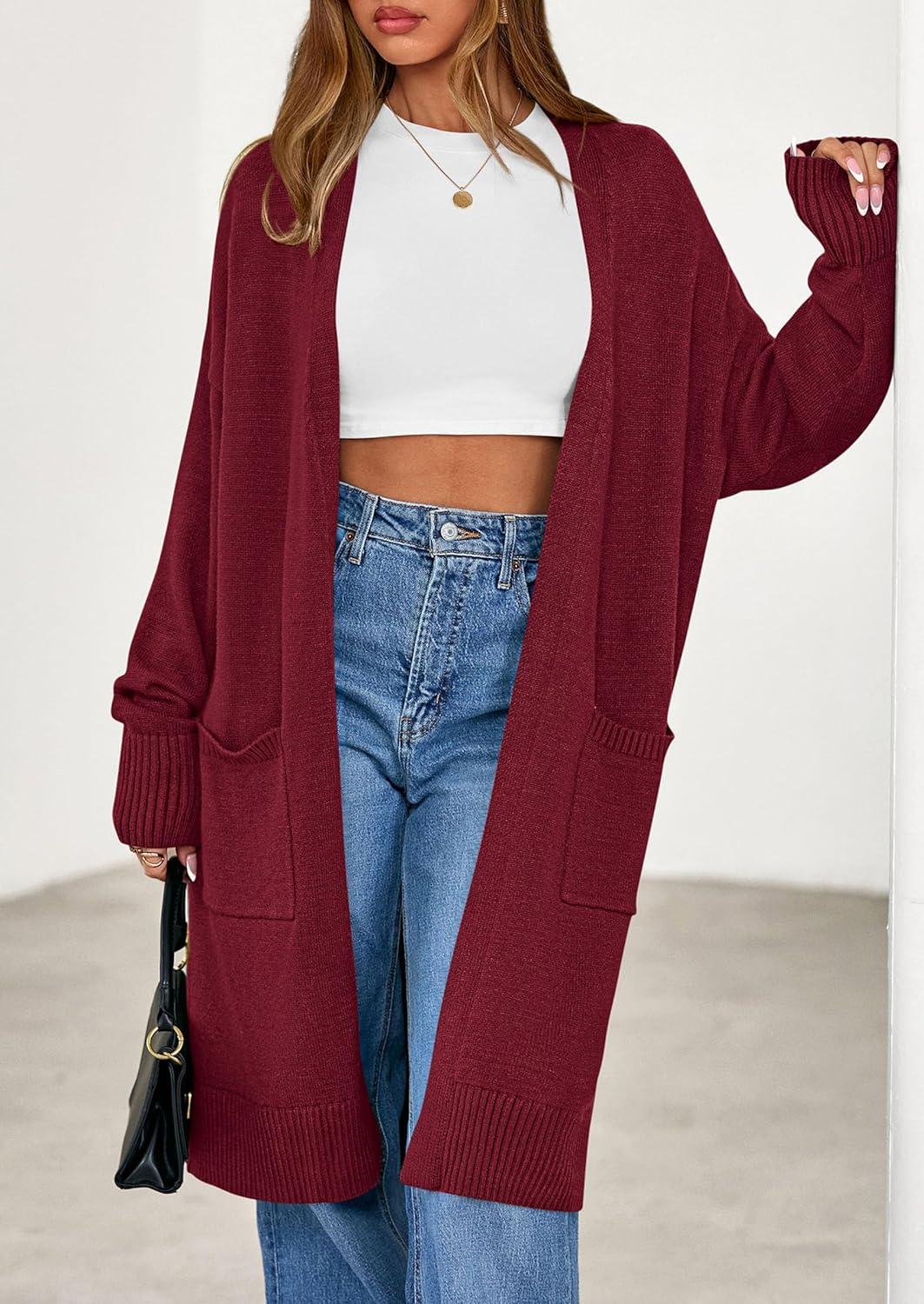 imagePRETTYGARDEN Womens Long Oversized Cardigans 2025 Fall Trendy Long Sleeve Open Front Chunky Sweater Knit Winter ClothingBurgundy