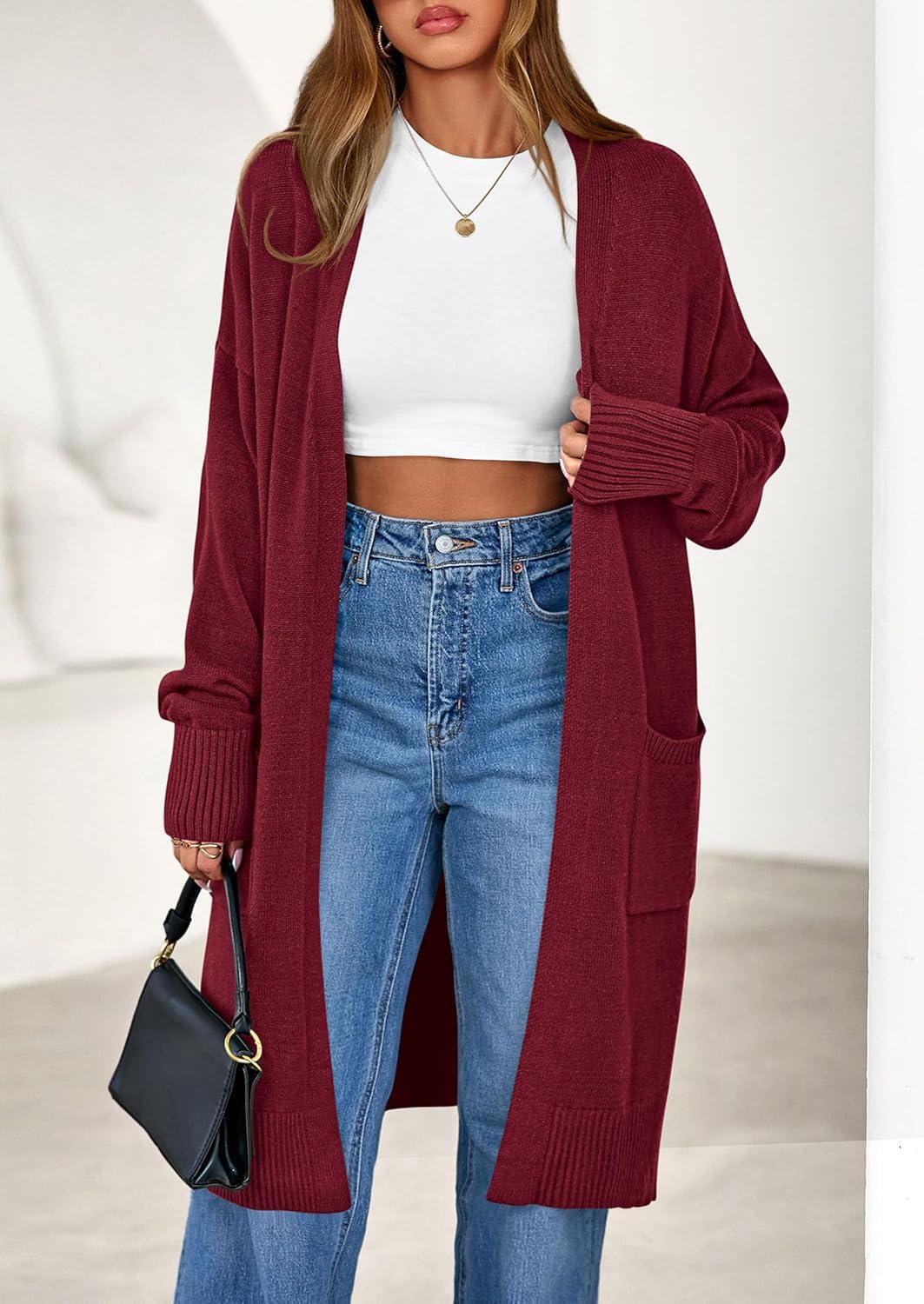imagePRETTYGARDEN Womens Long Oversized Cardigans 2025 Fall Trendy Long Sleeve Open Front Chunky Sweater Knit Winter ClothingBurgundy