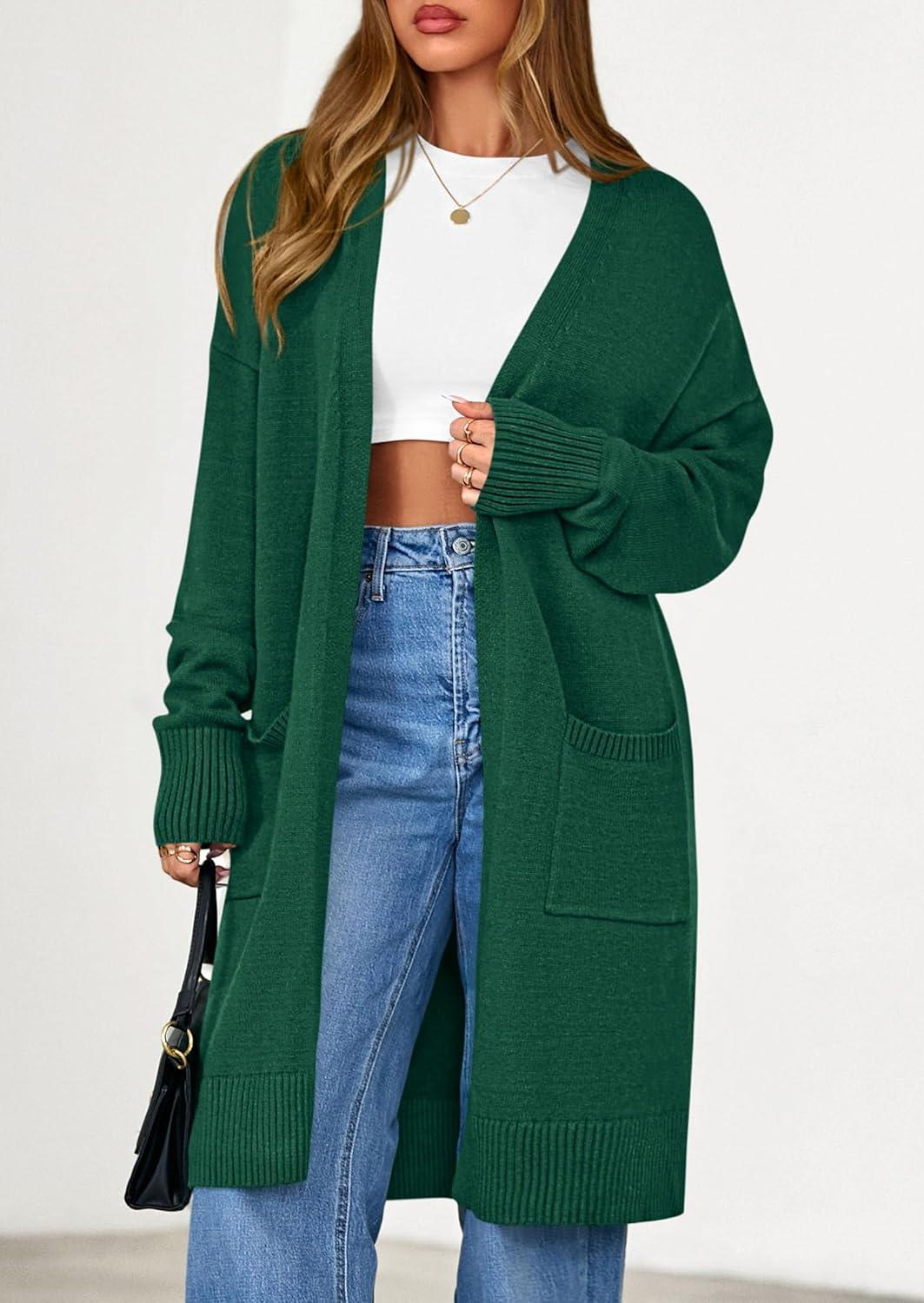 imagePRETTYGARDEN Womens Long Oversized Cardigans 2025 Fall Trendy Long Sleeve Open Front Chunky Sweater Knit Winter ClothingGreen