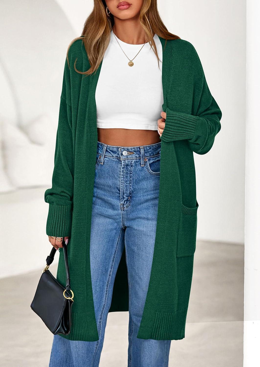 imagePRETTYGARDEN Womens Long Oversized Cardigans 2025 Fall Trendy Long Sleeve Open Front Chunky Sweater Knit Winter ClothingGreen