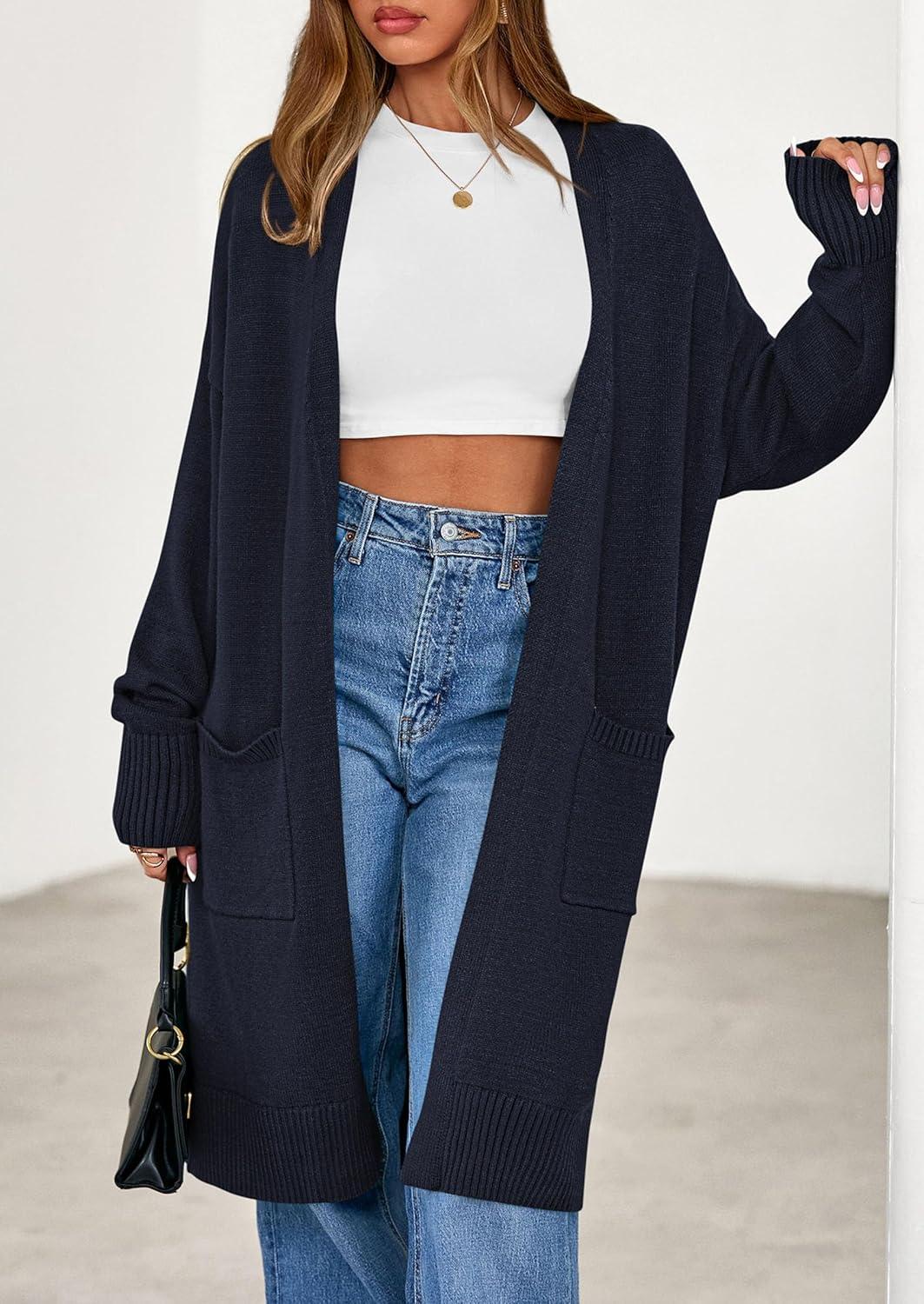 imagePRETTYGARDEN Womens Long Oversized Cardigans 2025 Fall Trendy Long Sleeve Open Front Chunky Sweater Knit Winter ClothingNavy