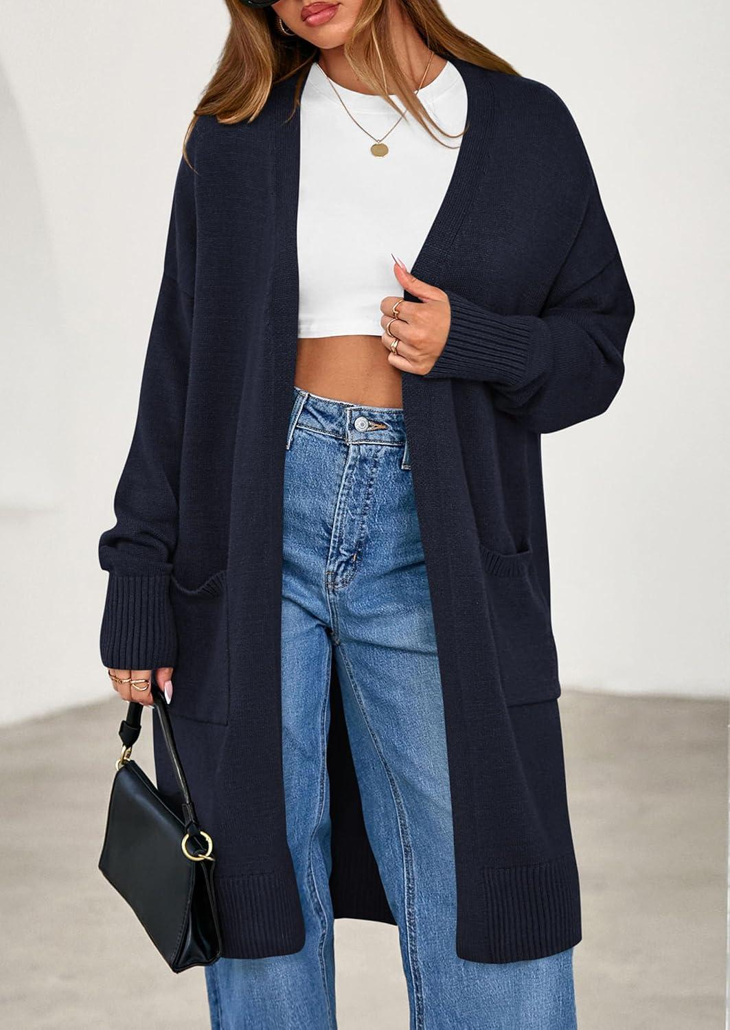 imagePRETTYGARDEN Womens Long Oversized Cardigans 2025 Fall Trendy Long Sleeve Open Front Chunky Sweater Knit Winter ClothingNavy