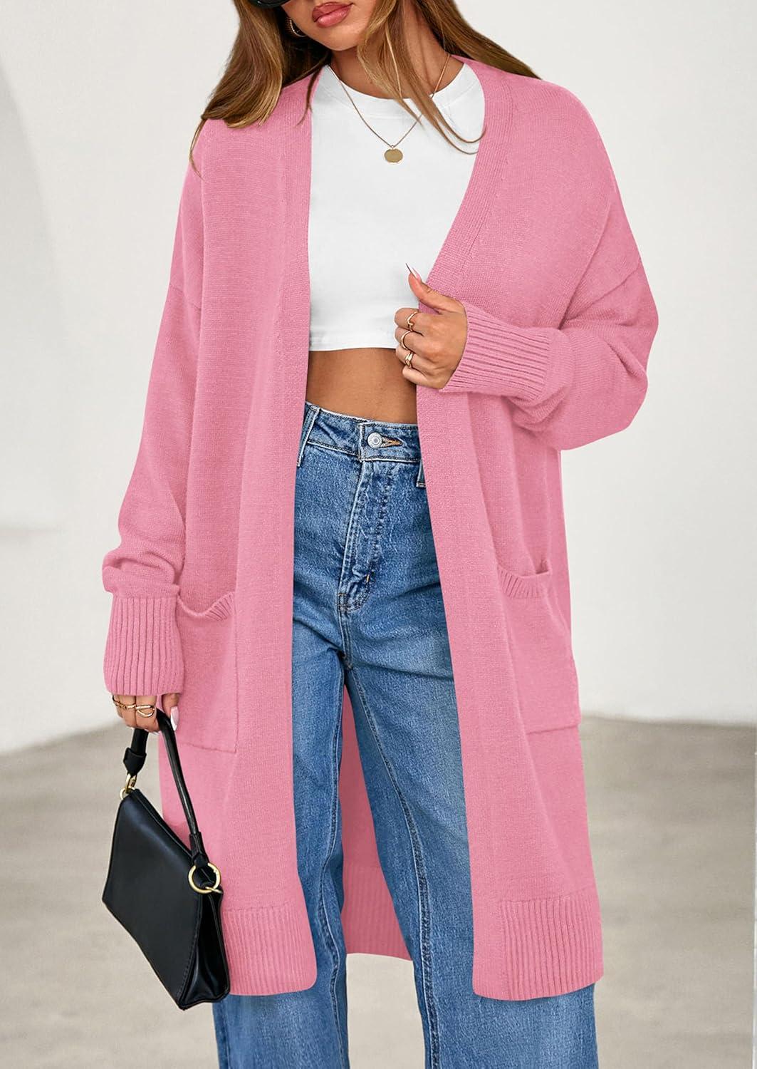 imagePRETTYGARDEN Womens Long Oversized Cardigans 2025 Fall Trendy Long Sleeve Open Front Chunky Sweater Knit Winter ClothingPink