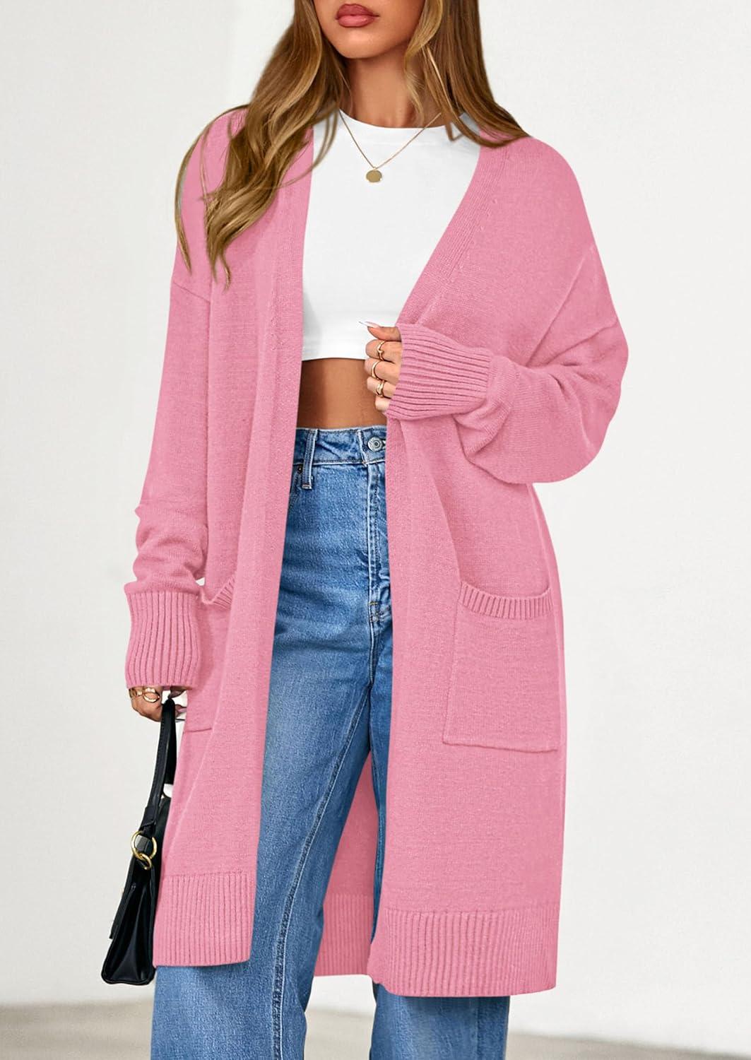 imagePRETTYGARDEN Womens Long Oversized Cardigans 2025 Fall Trendy Long Sleeve Open Front Chunky Sweater Knit Winter ClothingPink