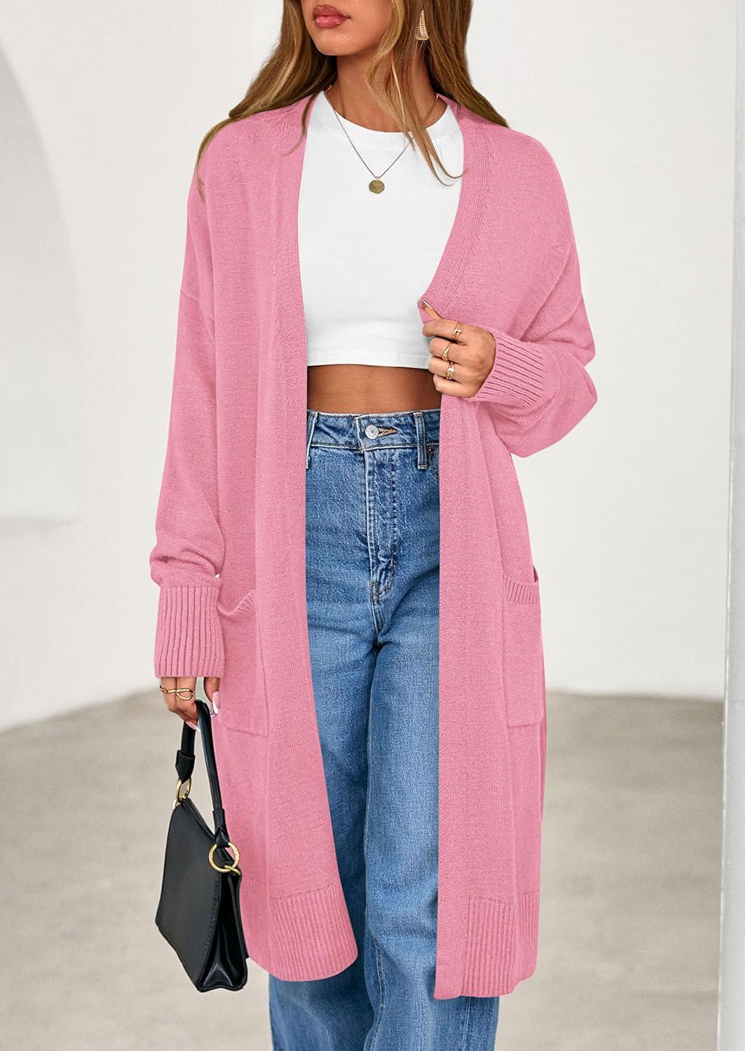 imagePRETTYGARDEN Womens Long Oversized Cardigans 2025 Fall Trendy Long Sleeve Open Front Chunky Sweater Knit Winter ClothingPink