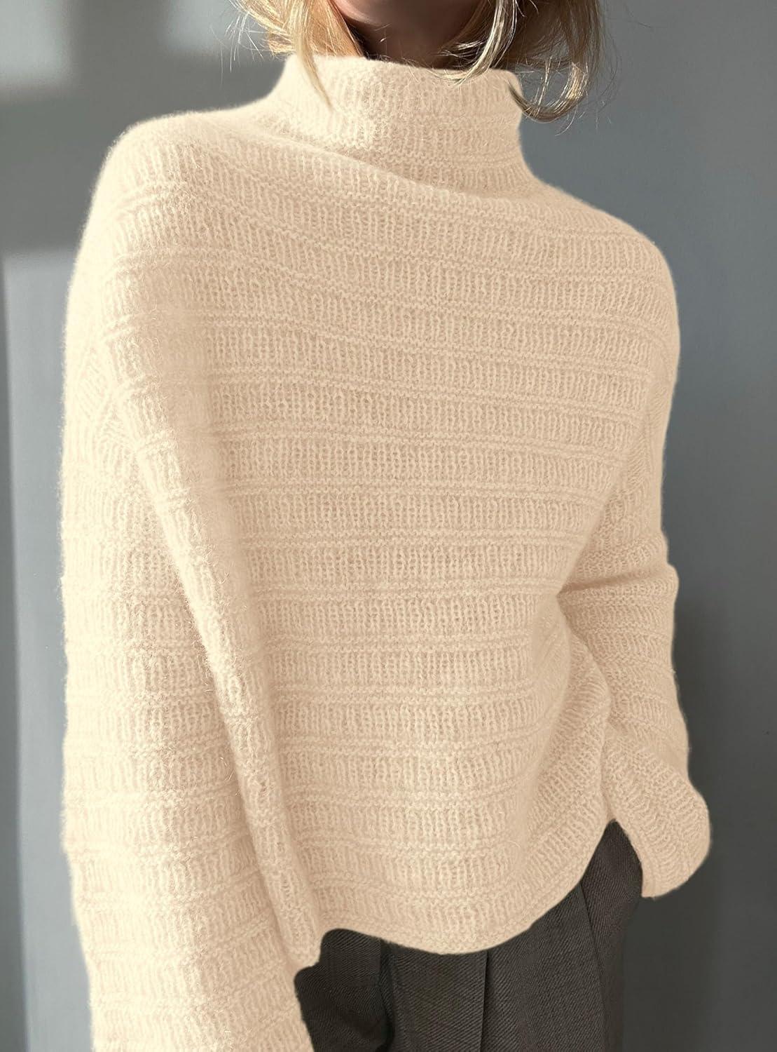 imagePRETTYGARDEN Womens Mock Neck Oversized Sweaters 2025 Long Sleeve Pullover Fall Sweater Knit Jumper Tops Winter ClothingBeige