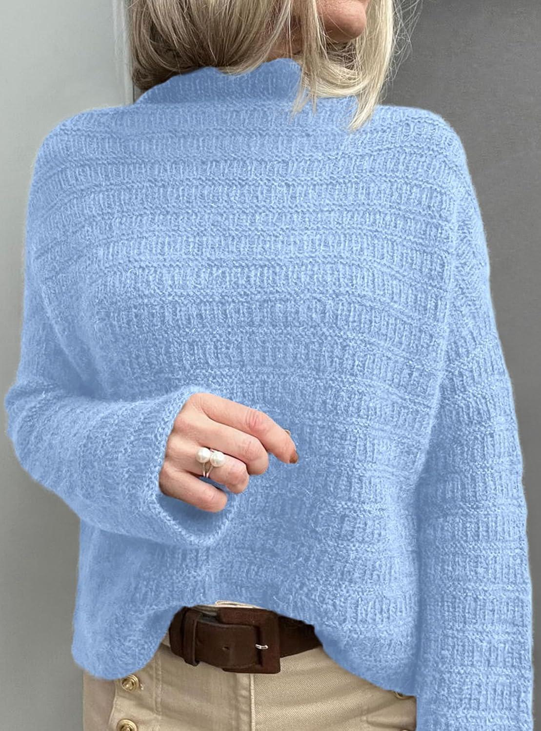 imagePRETTYGARDEN Womens Mock Neck Oversized Sweaters 2025 Long Sleeve Pullover Fall Sweater Knit Jumper Tops Winter ClothingLight Blue
