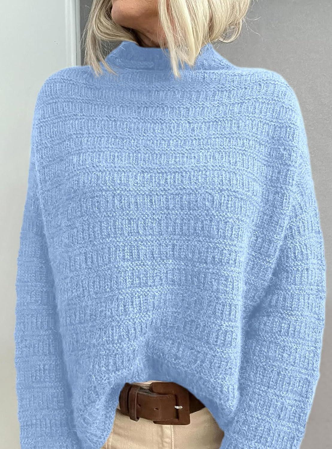 imagePRETTYGARDEN Womens Mock Neck Oversized Sweaters 2025 Long Sleeve Pullover Fall Sweater Knit Jumper Tops Winter ClothingLight Blue