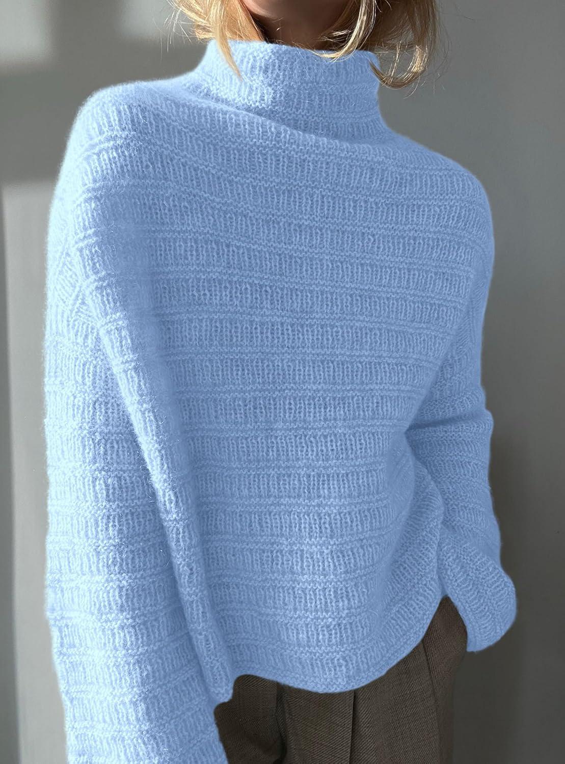 imagePRETTYGARDEN Womens Mock Neck Oversized Sweaters 2025 Long Sleeve Pullover Fall Sweater Knit Jumper Tops Winter ClothingLight Blue