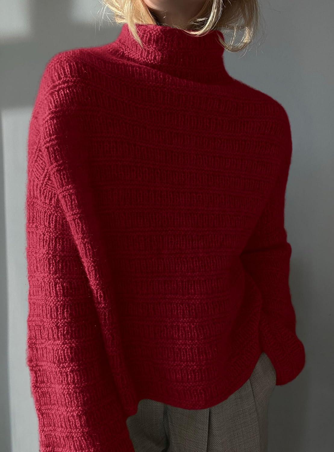 imagePRETTYGARDEN Womens Mock Neck Oversized Sweaters 2025 Long Sleeve Pullover Fall Sweater Knit Jumper Tops Winter ClothingRed