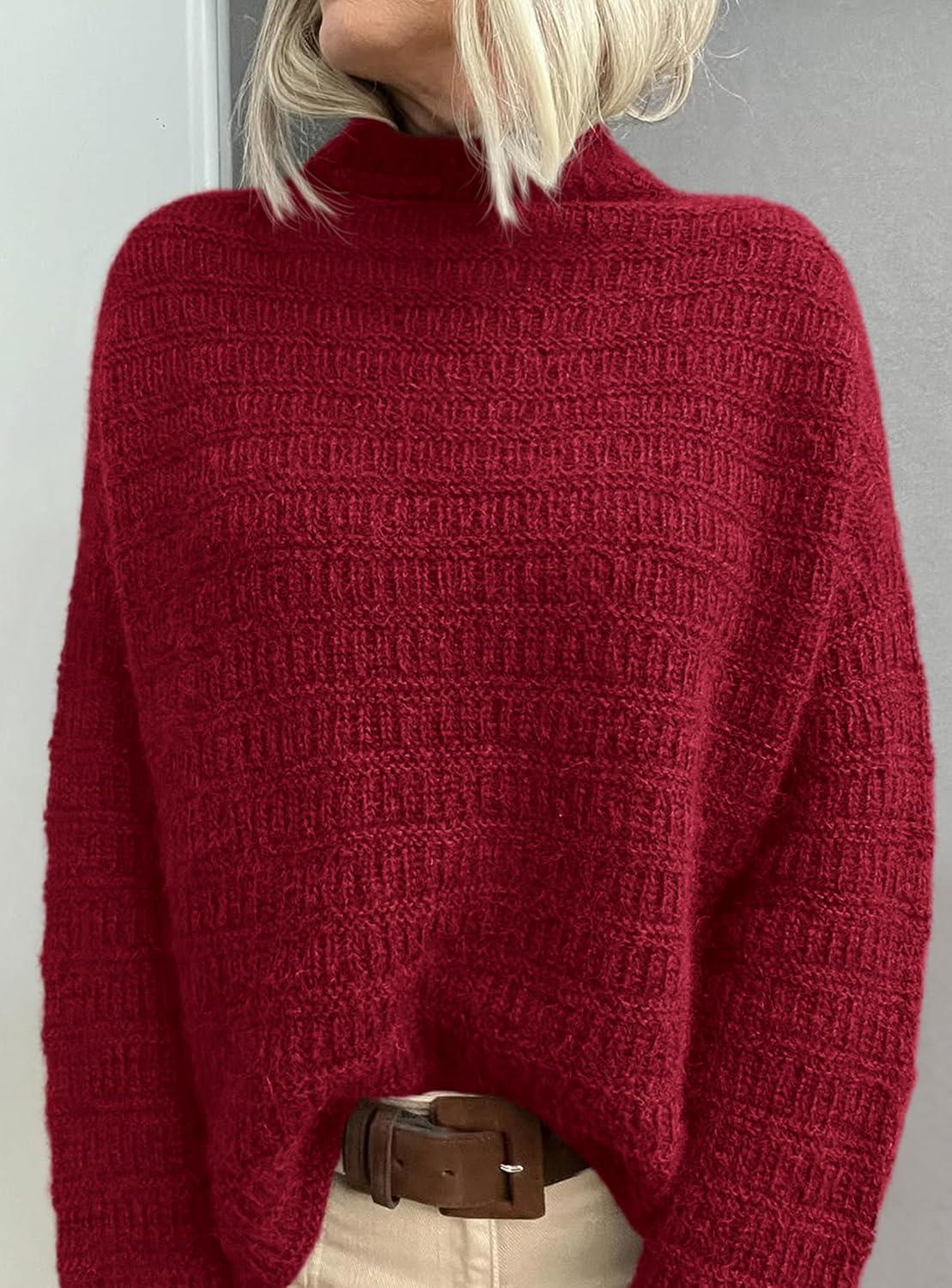 imagePRETTYGARDEN Womens Mock Neck Oversized Sweaters 2025 Long Sleeve Pullover Fall Sweater Knit Jumper Tops Winter ClothingRed