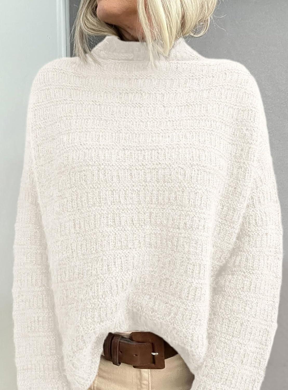 imagePRETTYGARDEN Womens Mock Neck Oversized Sweaters 2025 Long Sleeve Pullover Fall Sweater Knit Jumper Tops Winter ClothingWhite