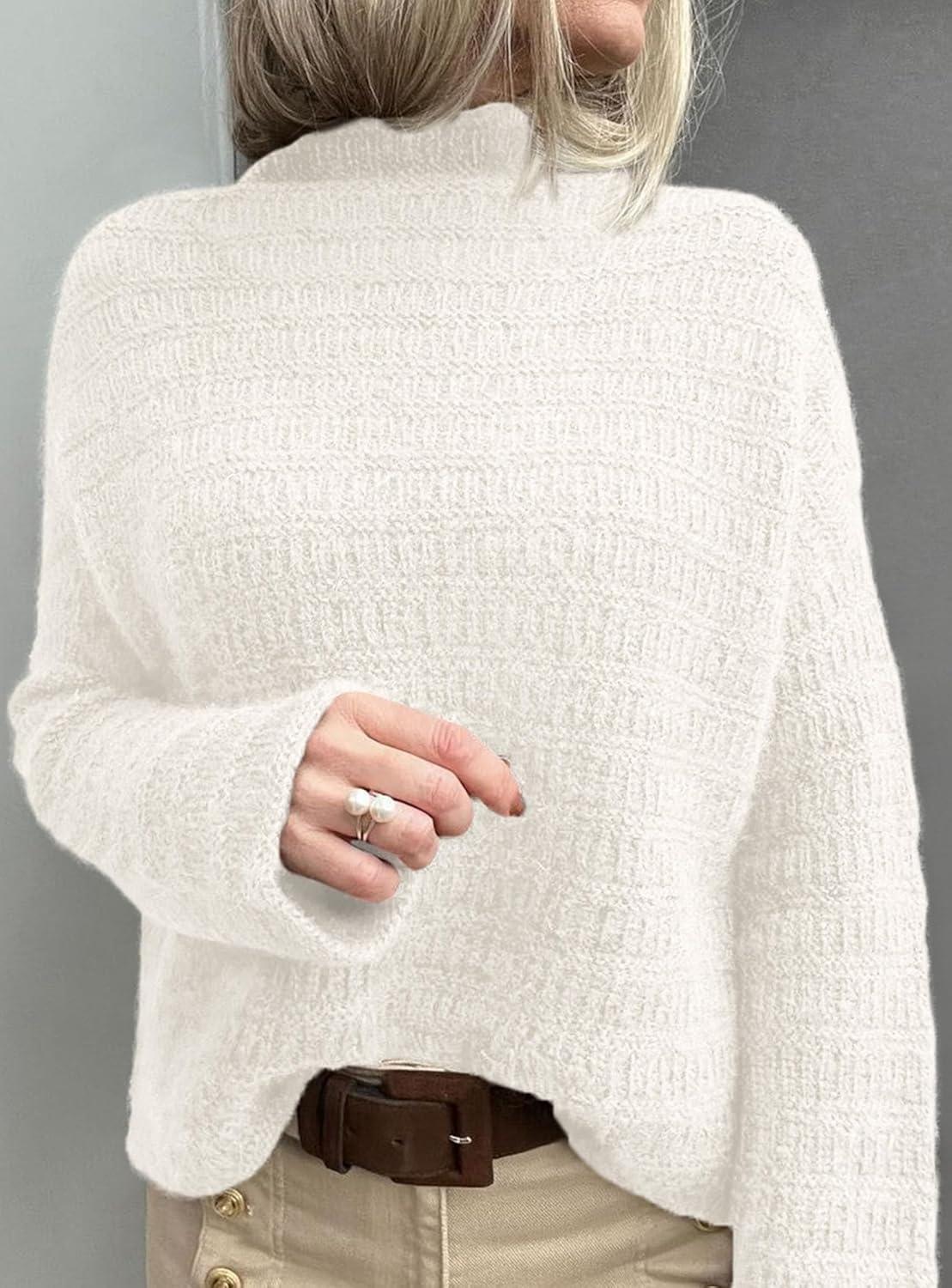 imagePRETTYGARDEN Womens Mock Neck Oversized Sweaters 2025 Long Sleeve Pullover Fall Sweater Knit Jumper Tops Winter ClothingWhite