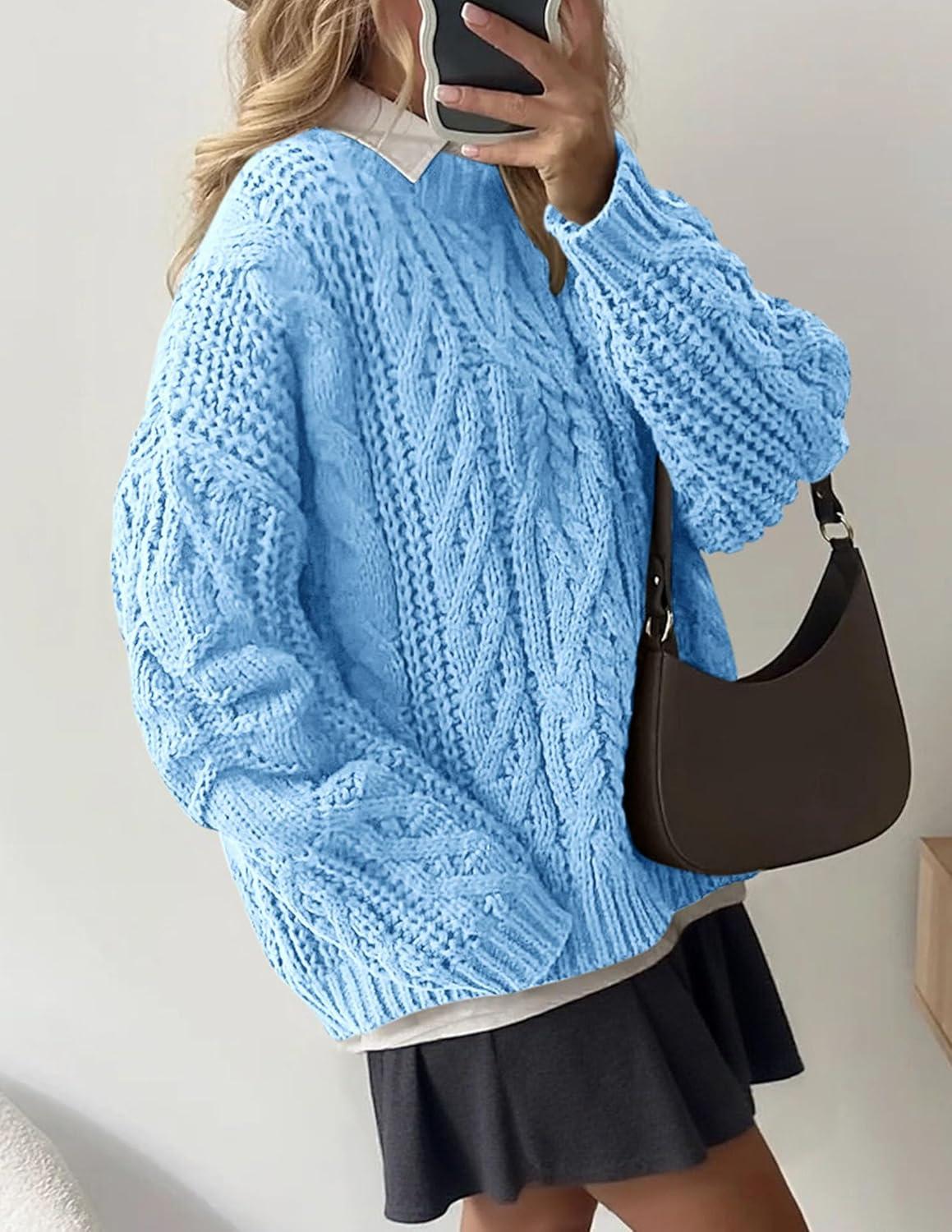 imagePRETTYGARDEN Womens Oversized Fall Sweaters 2025 Casual Long Sleeve Crewneck Chunky Cable Knit Pullover Tops Winter ClothesLight Blue