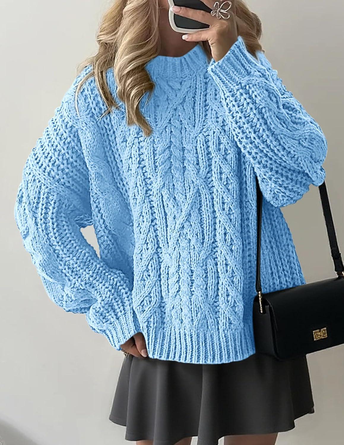 imagePRETTYGARDEN Womens Oversized Fall Sweaters 2025 Casual Long Sleeve Crewneck Chunky Cable Knit Pullover Tops Winter ClothesLight Blue