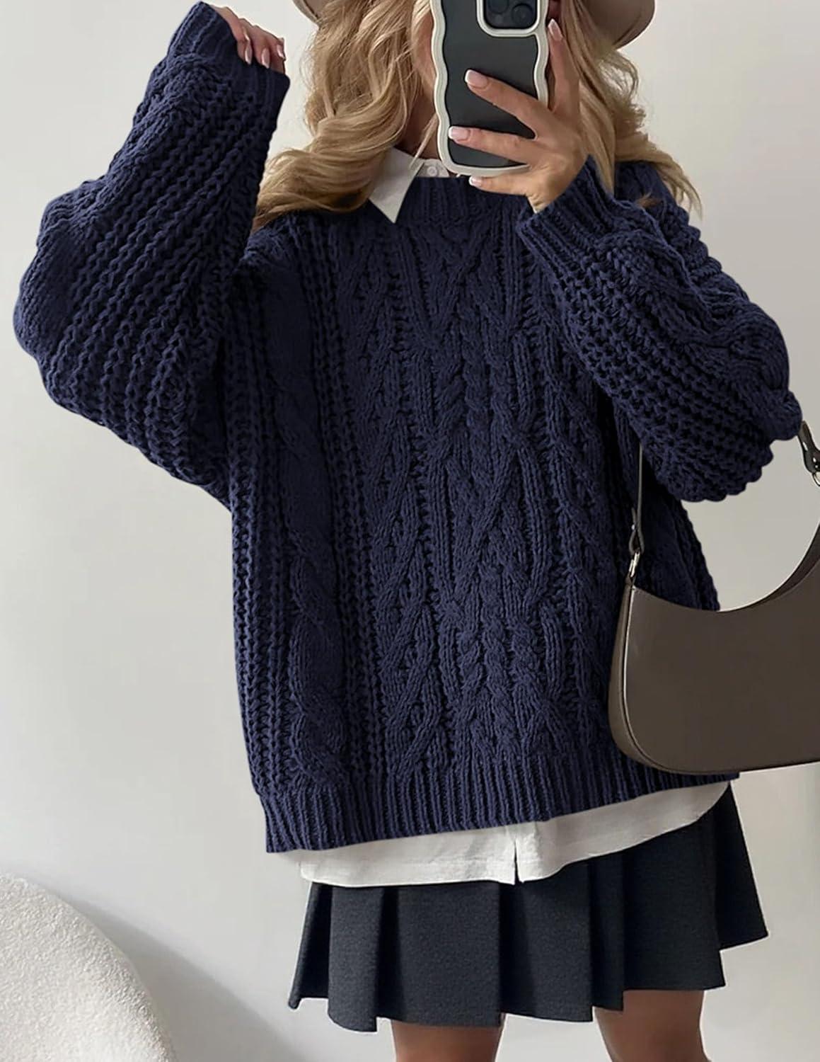 imagePRETTYGARDEN Womens Oversized Fall Sweaters 2025 Casual Long Sleeve Crewneck Chunky Cable Knit Pullover Tops Winter ClothesNavy Blue