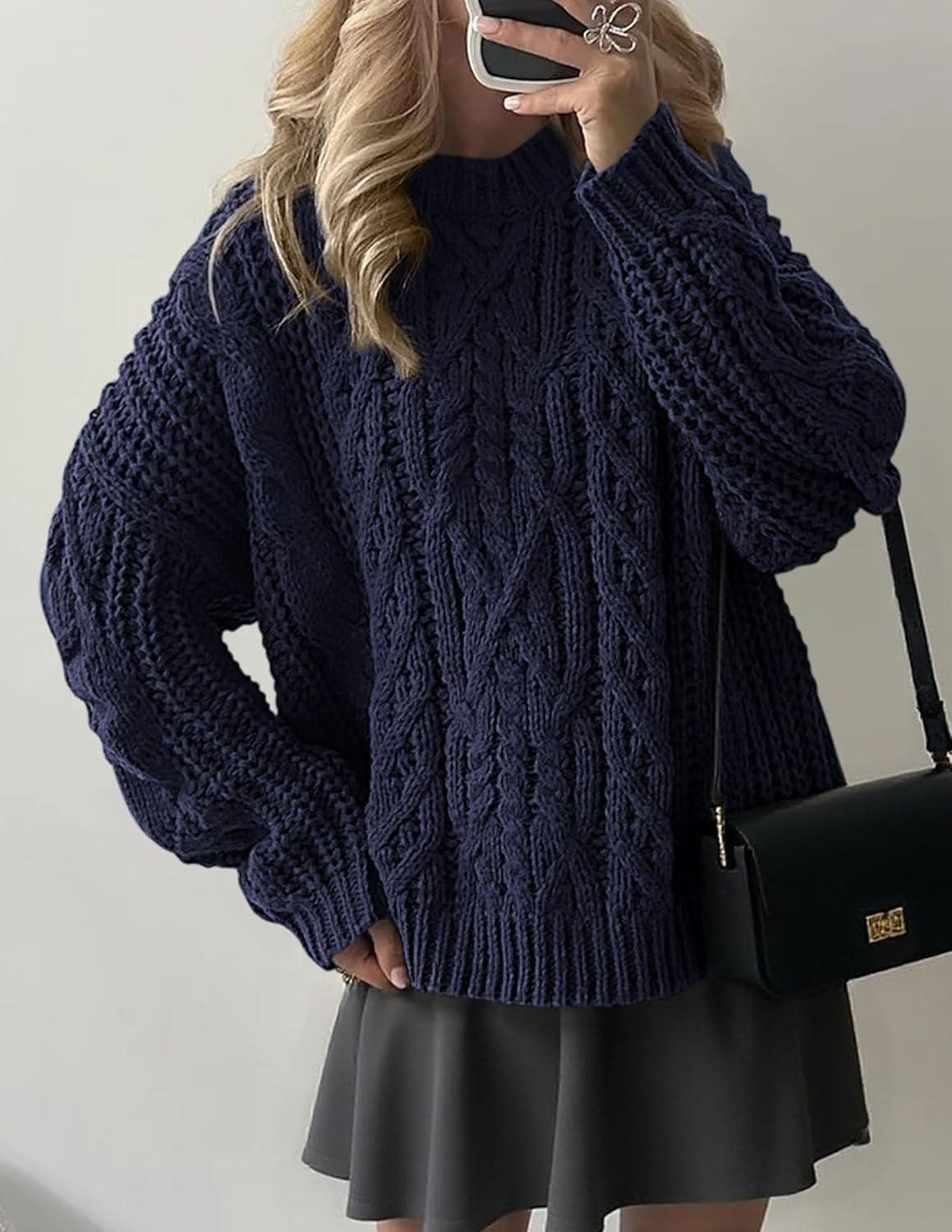 imagePRETTYGARDEN Womens Oversized Fall Sweaters 2025 Casual Long Sleeve Crewneck Chunky Cable Knit Pullover Tops Winter ClothesNavy Blue
