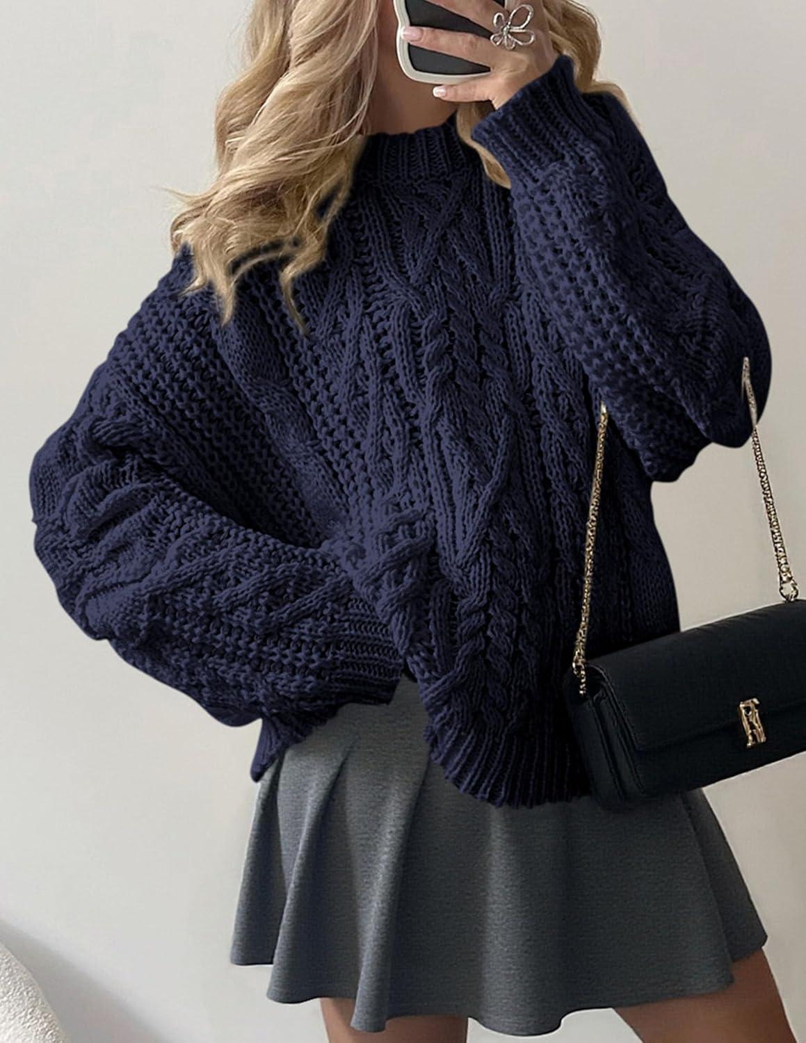 imagePRETTYGARDEN Womens Oversized Fall Sweaters 2025 Casual Long Sleeve Crewneck Chunky Cable Knit Pullover Tops Winter ClothesNavy Blue