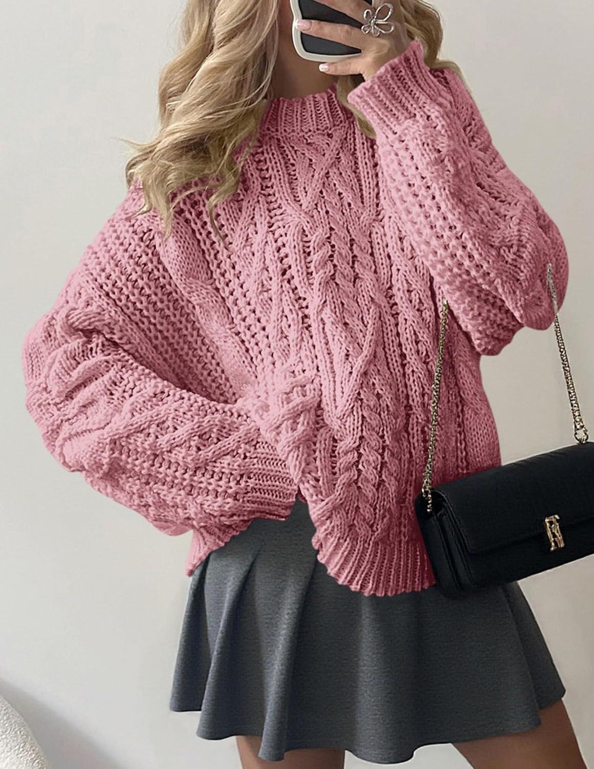 imagePRETTYGARDEN Womens Oversized Fall Sweaters 2025 Casual Long Sleeve Crewneck Chunky Cable Knit Pullover Tops Winter ClothesPink