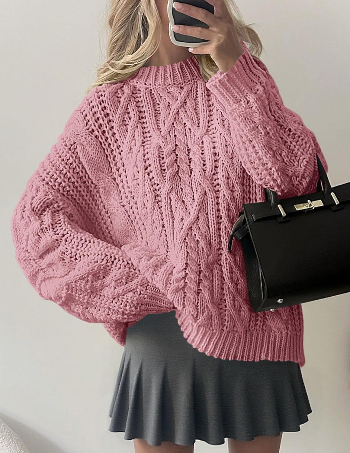 imagePRETTYGARDEN Womens Oversized Fall Sweaters 2025 Casual Long Sleeve Crewneck Chunky Cable Knit Pullover Tops Winter ClothesPink