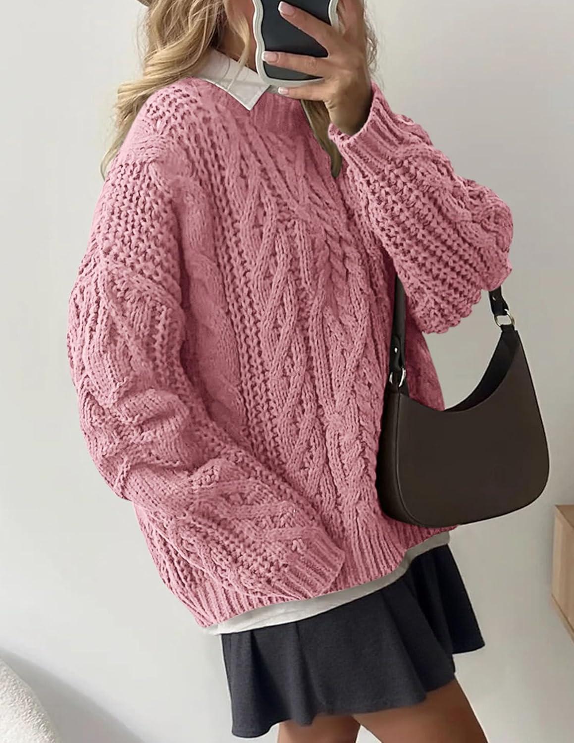 imagePRETTYGARDEN Womens Oversized Fall Sweaters 2025 Casual Long Sleeve Crewneck Chunky Cable Knit Pullover Tops Winter ClothesPink