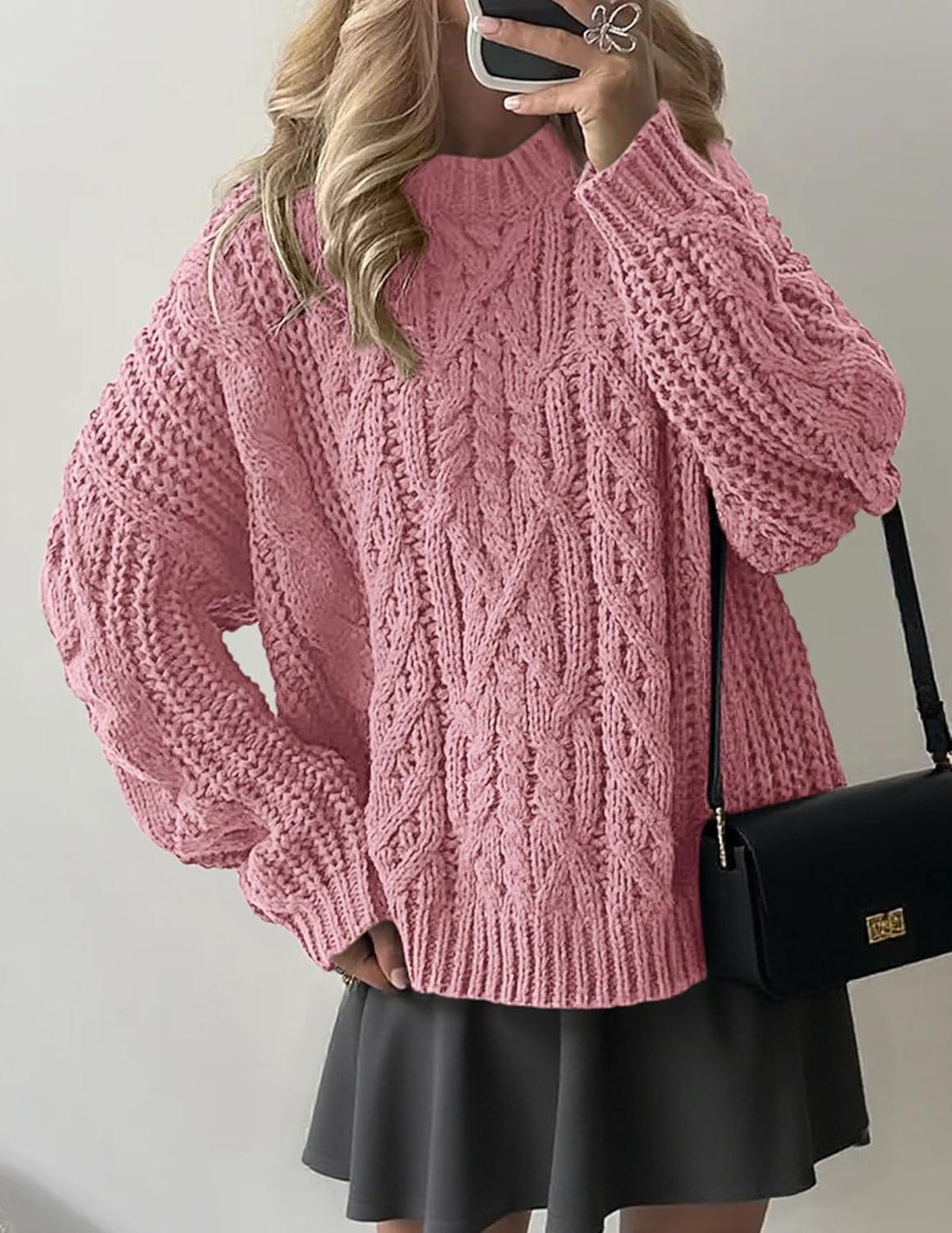 imagePRETTYGARDEN Womens Oversized Fall Sweaters 2025 Casual Long Sleeve Crewneck Chunky Cable Knit Pullover Tops Winter ClothesPink