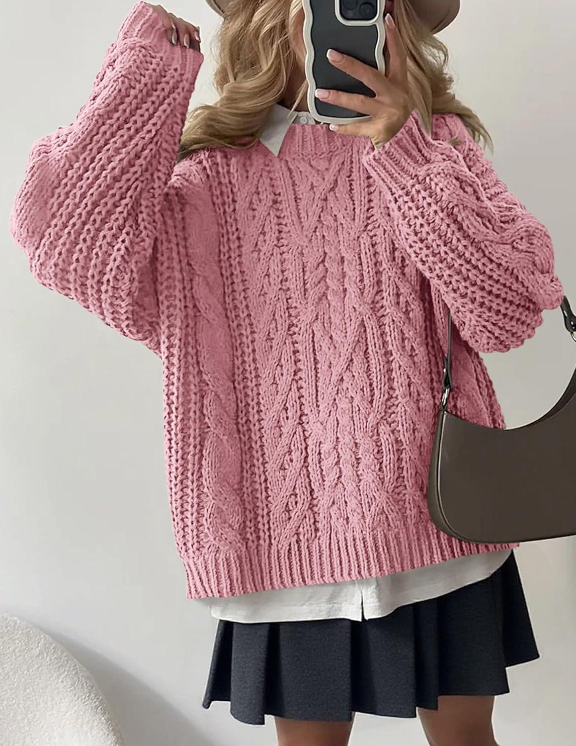 imagePRETTYGARDEN Womens Oversized Fall Sweaters 2025 Casual Long Sleeve Crewneck Chunky Cable Knit Pullover Tops Winter ClothesPink