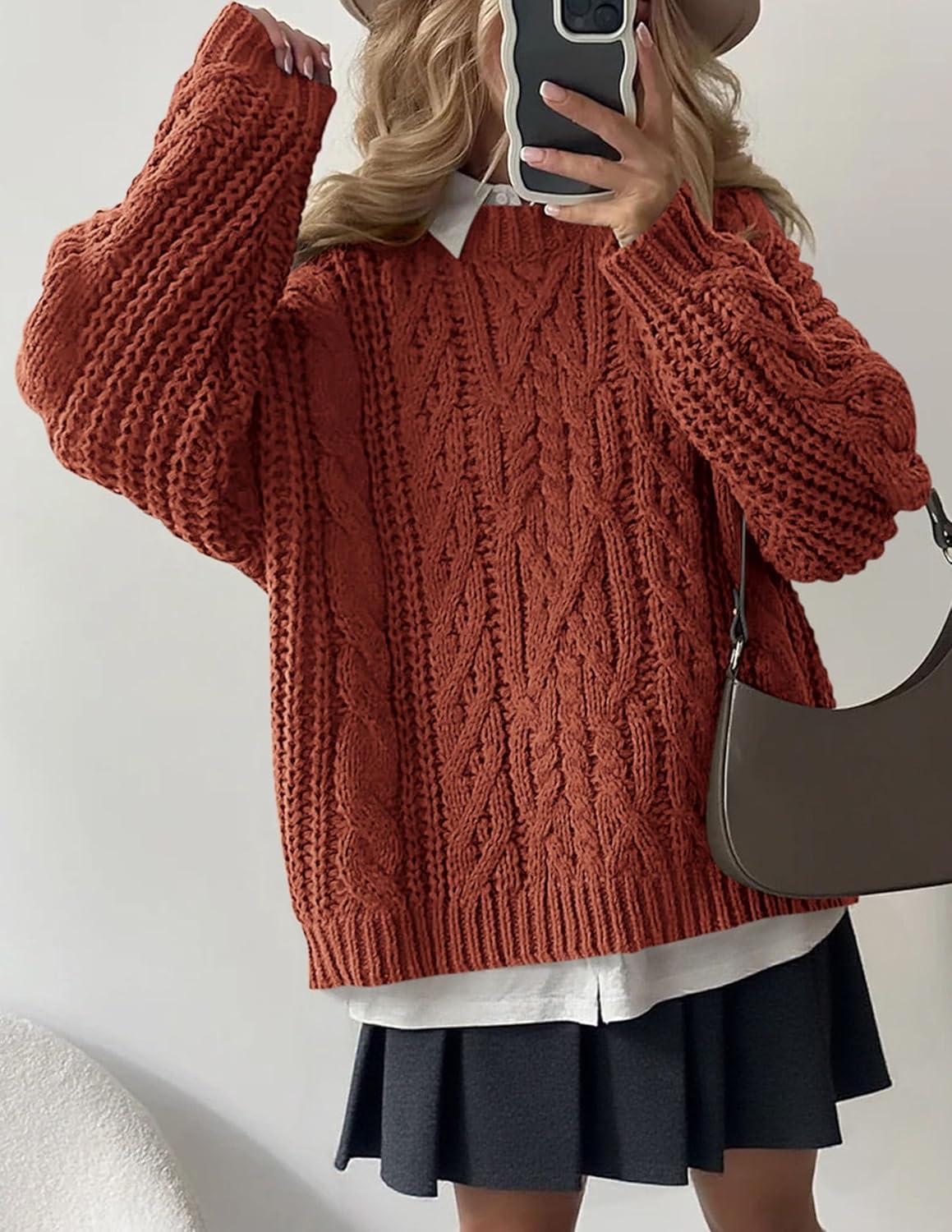 imagePRETTYGARDEN Womens Oversized Fall Sweaters 2025 Casual Long Sleeve Crewneck Chunky Cable Knit Pullover Tops Winter ClothesRust
