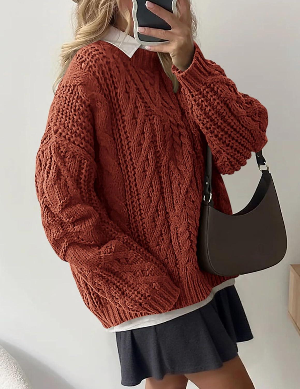 imagePRETTYGARDEN Womens Oversized Fall Sweaters 2025 Casual Long Sleeve Crewneck Chunky Cable Knit Pullover Tops Winter ClothesRust
