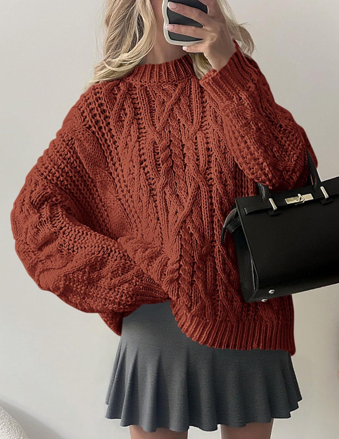 imagePRETTYGARDEN Womens Oversized Fall Sweaters 2025 Casual Long Sleeve Crewneck Chunky Cable Knit Pullover Tops Winter ClothesRust