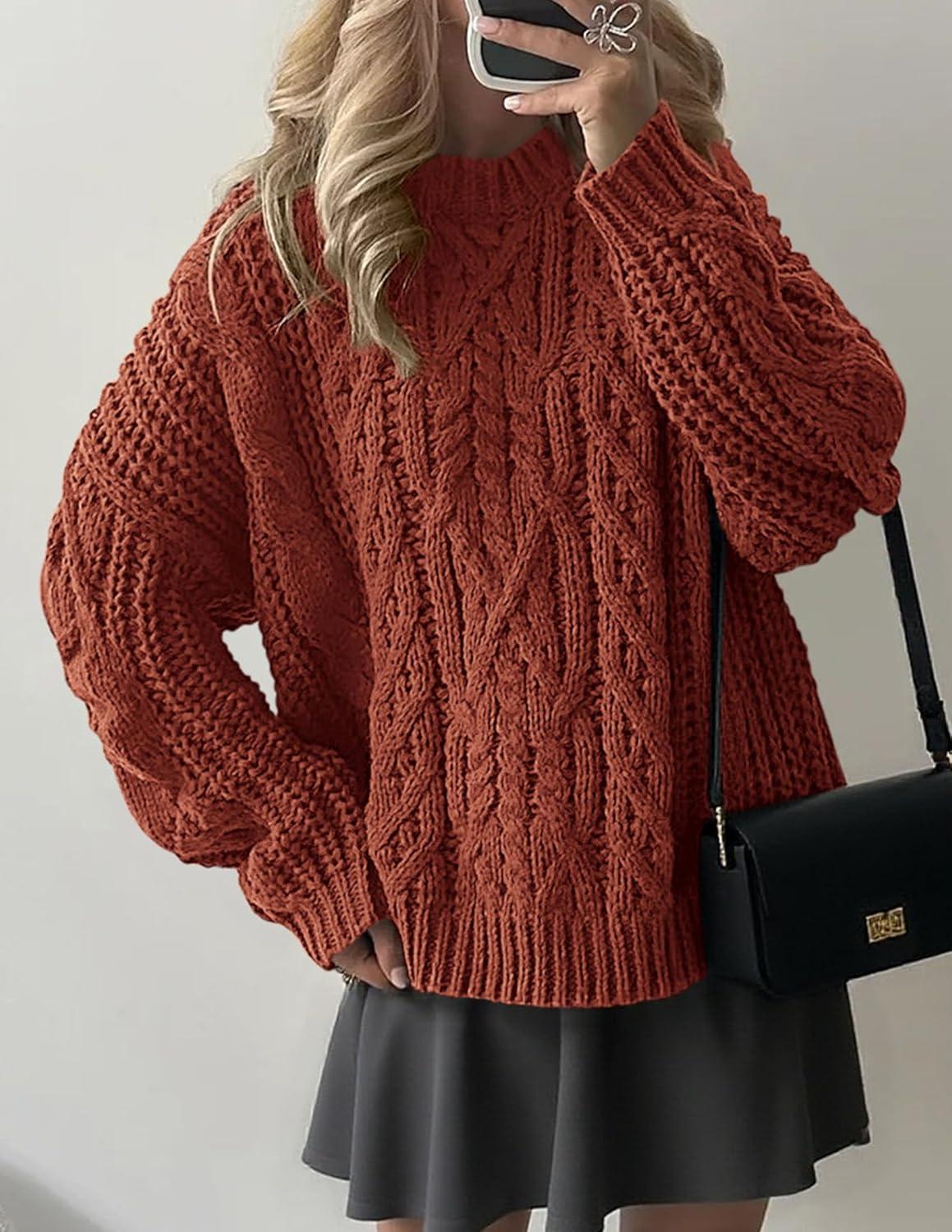 imagePRETTYGARDEN Womens Oversized Fall Sweaters 2025 Casual Long Sleeve Crewneck Chunky Cable Knit Pullover Tops Winter ClothesRust