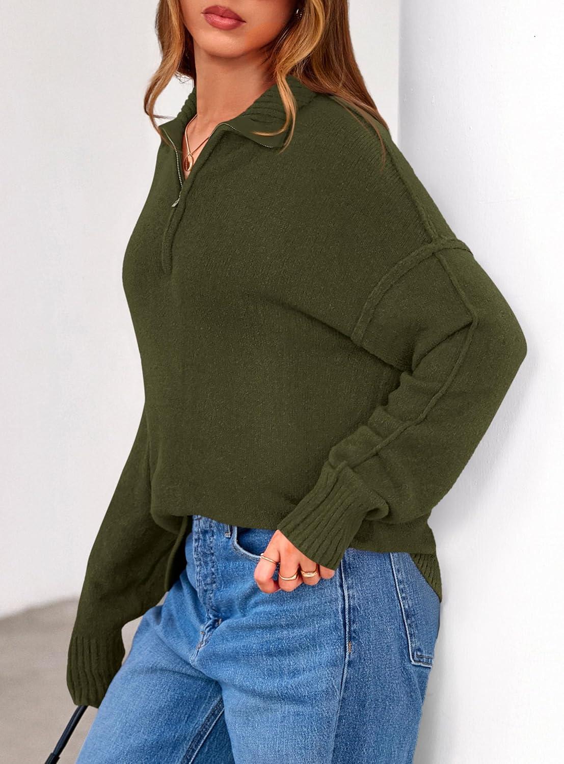 imagePRETTYGARDEN Womens Quarter Zip Pullover V Neck Fall Sweaters 2025 Long Sleeve Tops Collared Business Casual Winter ClothingArmy Green